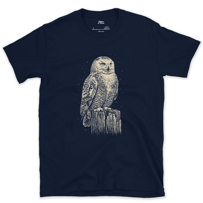 Every Fleck of Its Pale Plumage, Snowy Owl on a Stump design on a Navy Gildan Softstyle t-shirt