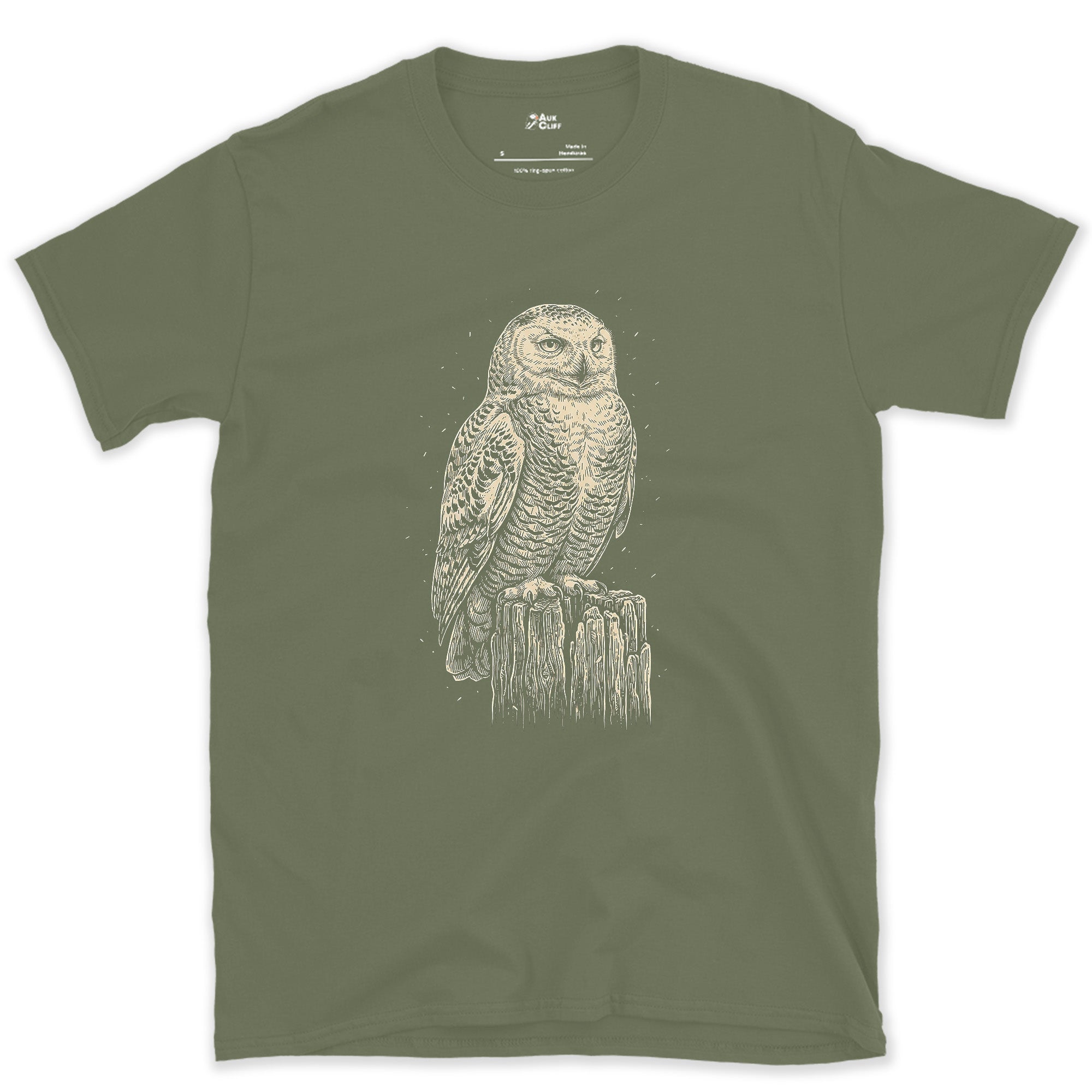 Every Fleck of Its Pale Plumage, Snowy Owl on a Stump design on a Military Green Gildan Softstyle t-shirt