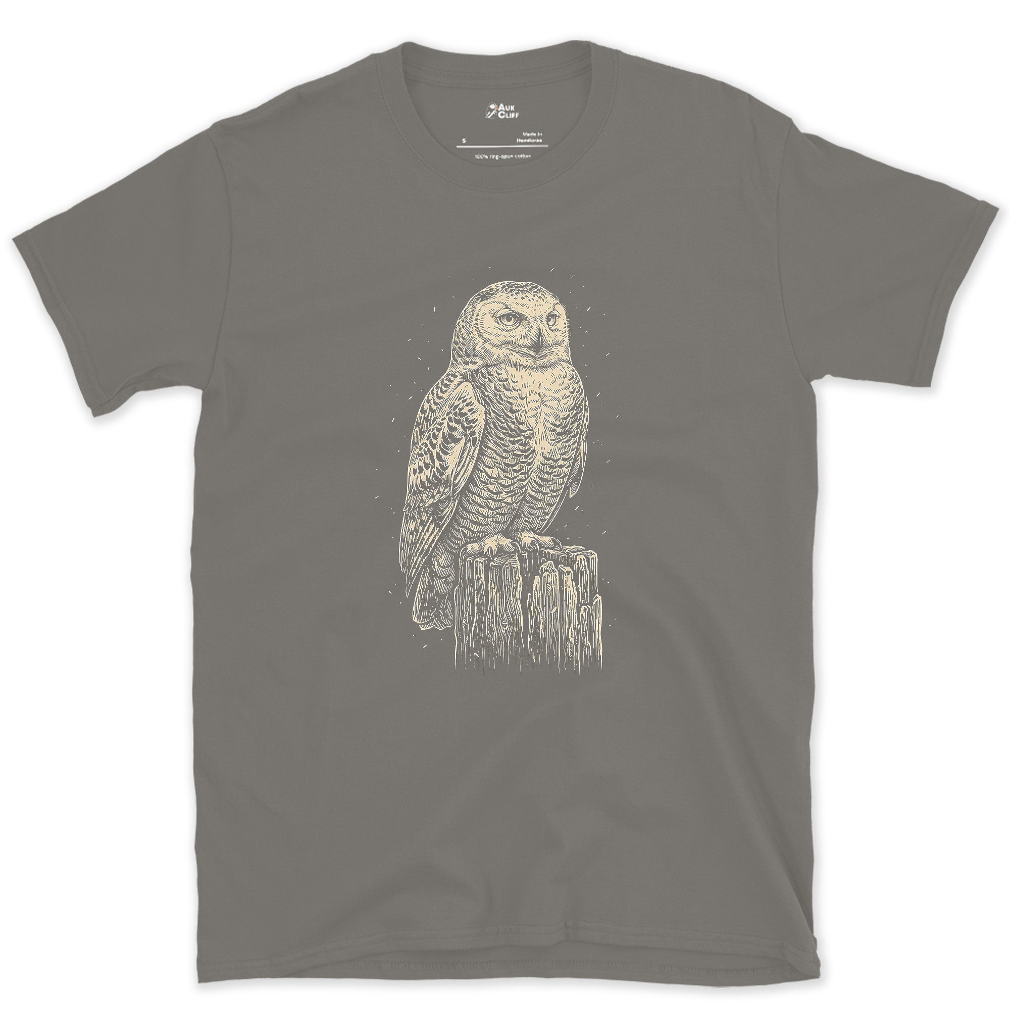 Every Fleck of Its Pale Plumage, Snowy Owl on a Stump design on a Charcoal Gildan Softstyle t-shirt