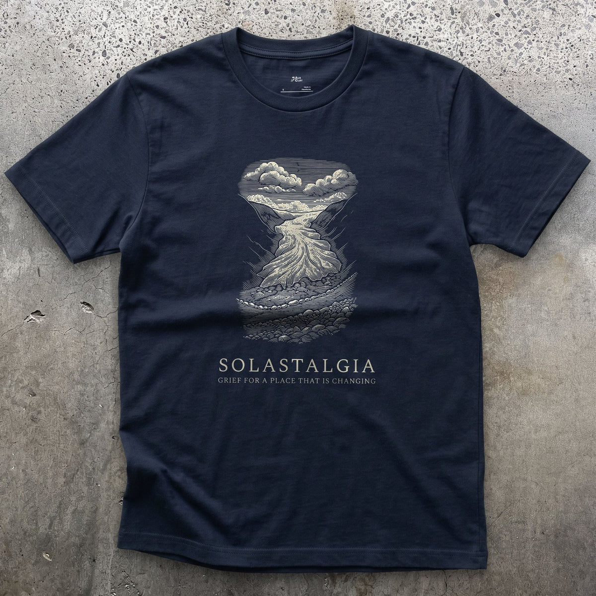 Solastalgia, Grief for a Place That is Changing design on a Navy Gildan Softstyle t-shirt