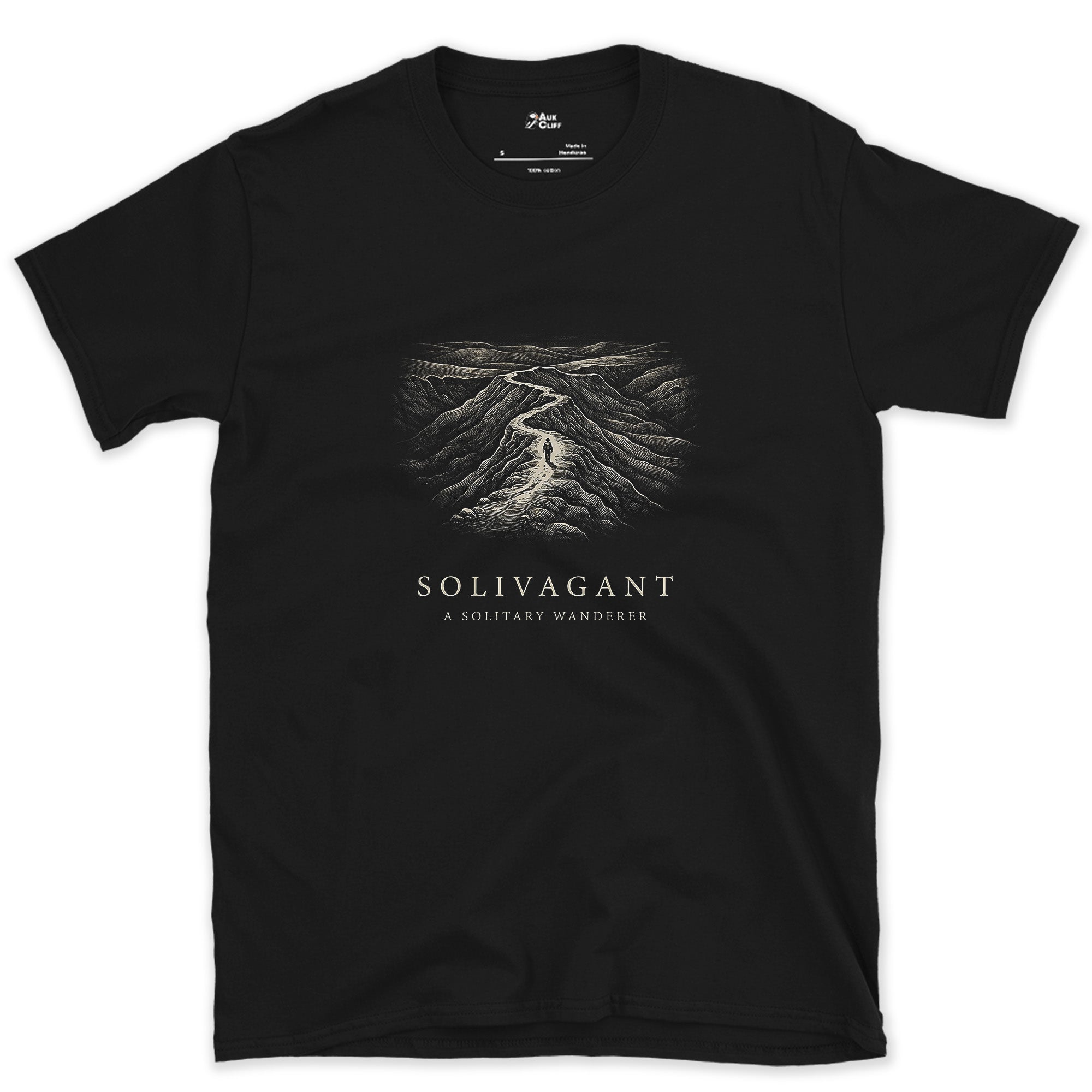 Solivagant, a Solitary Wanderer design on a Black Gildan Softstyle t-shirt