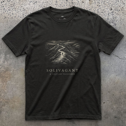 Solivagant, a Solitary Wanderer design on a Black Gildan Softstyle t-shirt