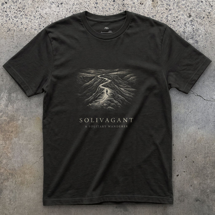Solivagant, a Solitary Wanderer design on a Black Gildan Softstyle t-shirt