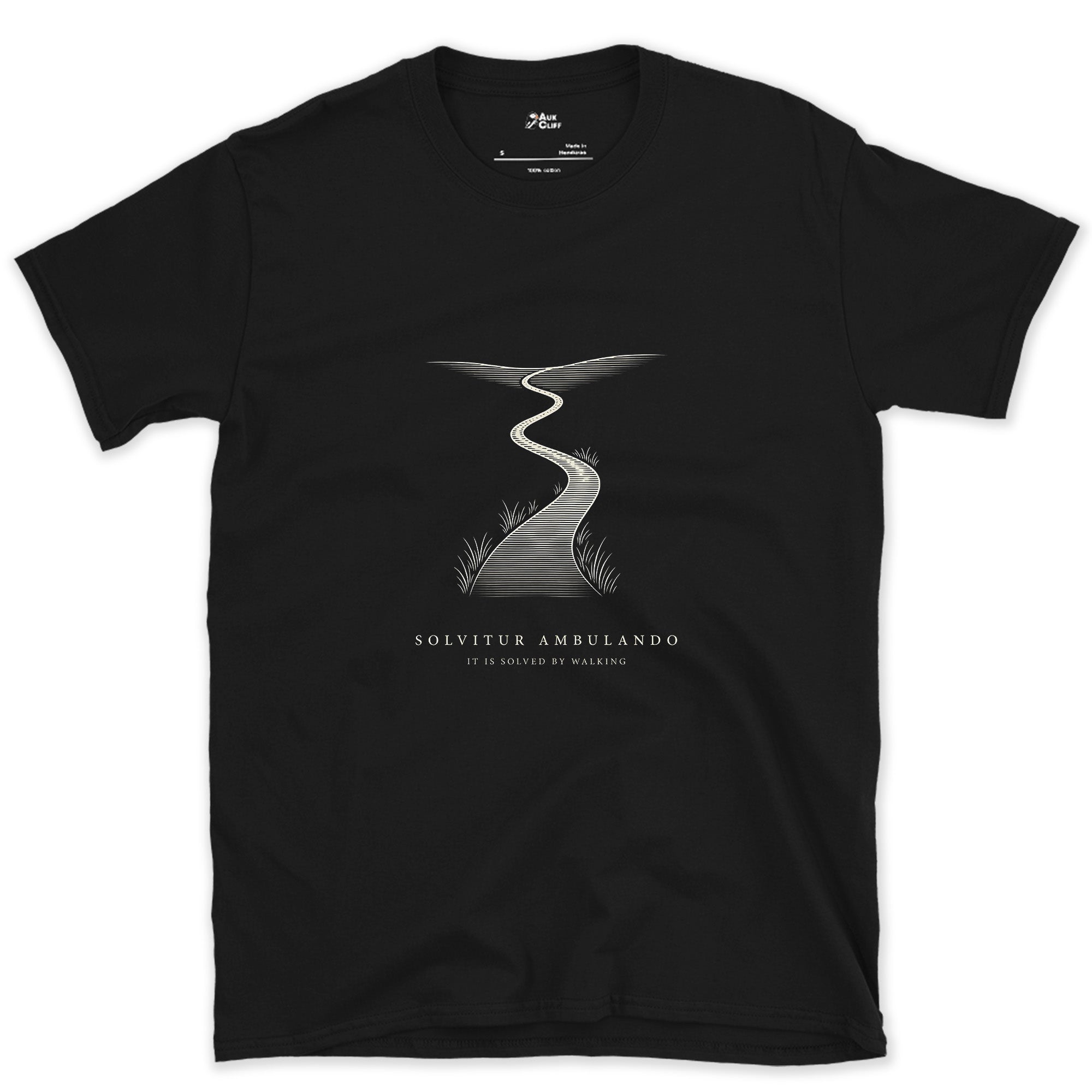 Solvitur Ambulando, It Is Solved by Walking design on a Black Gildan Softstyle t-shirt