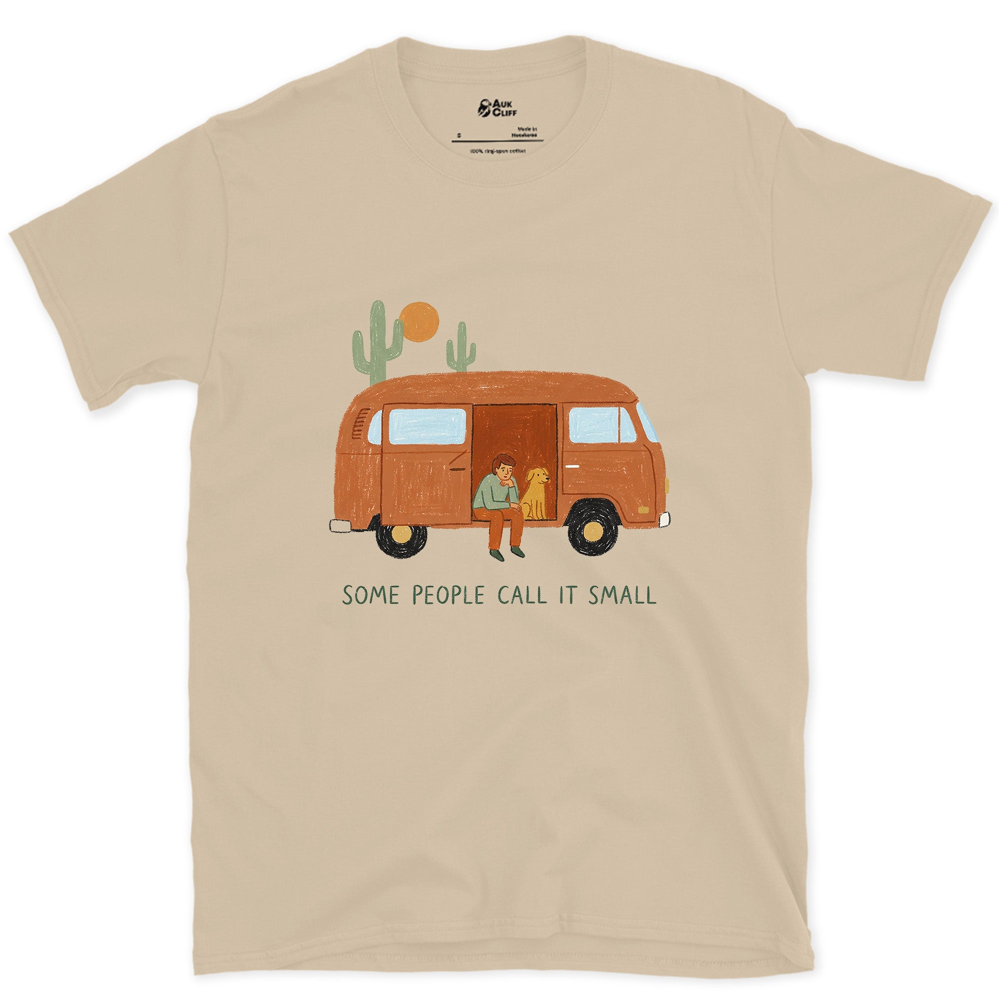 Some People Call It Small, Solo, Dog and Camper design on a Sand Gildan Softstyle t-shirt
