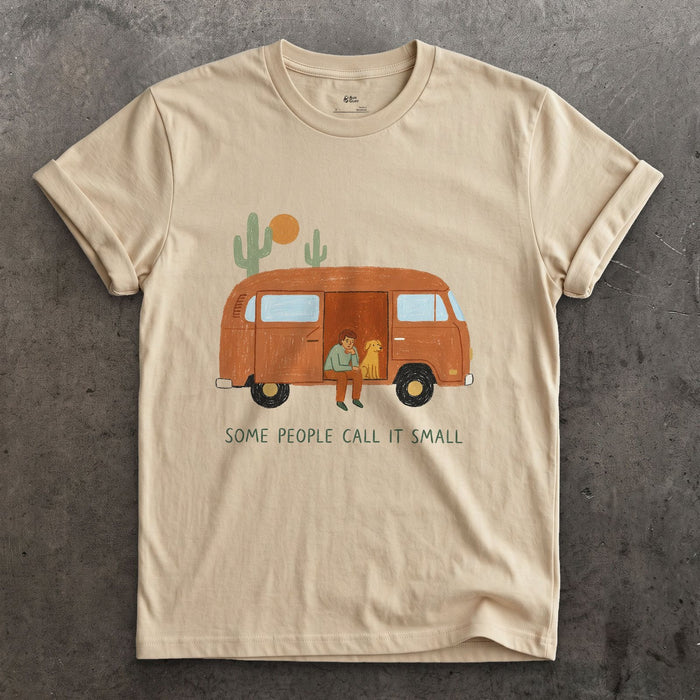 Some People Call It Small, Solo, Dog and Camper design on a Sand Gildan Softstyle t-shirt
