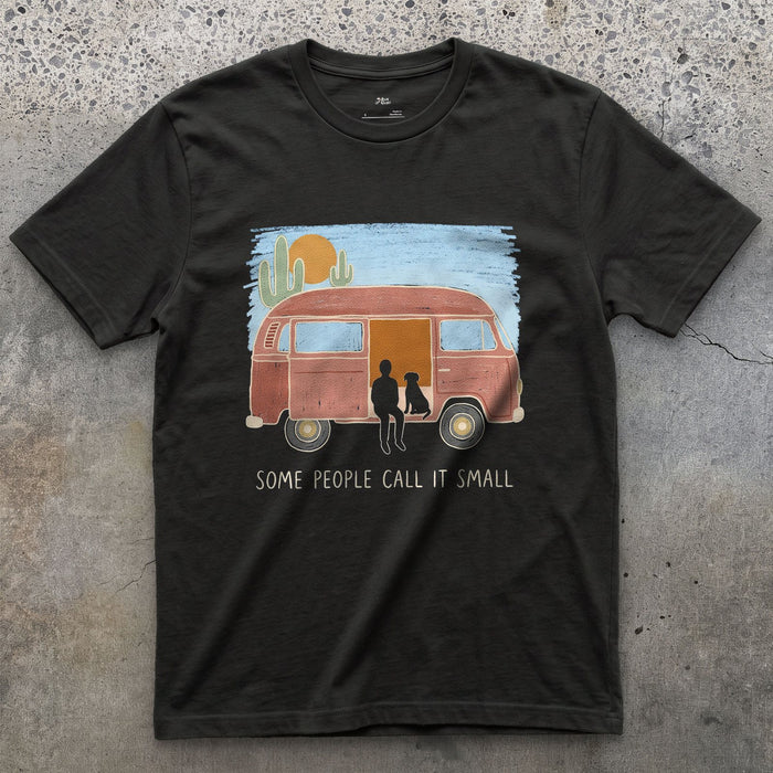 Some People Call It Small, Two, Dog and Camper design on a Black Gildan Softstyle t-shirt