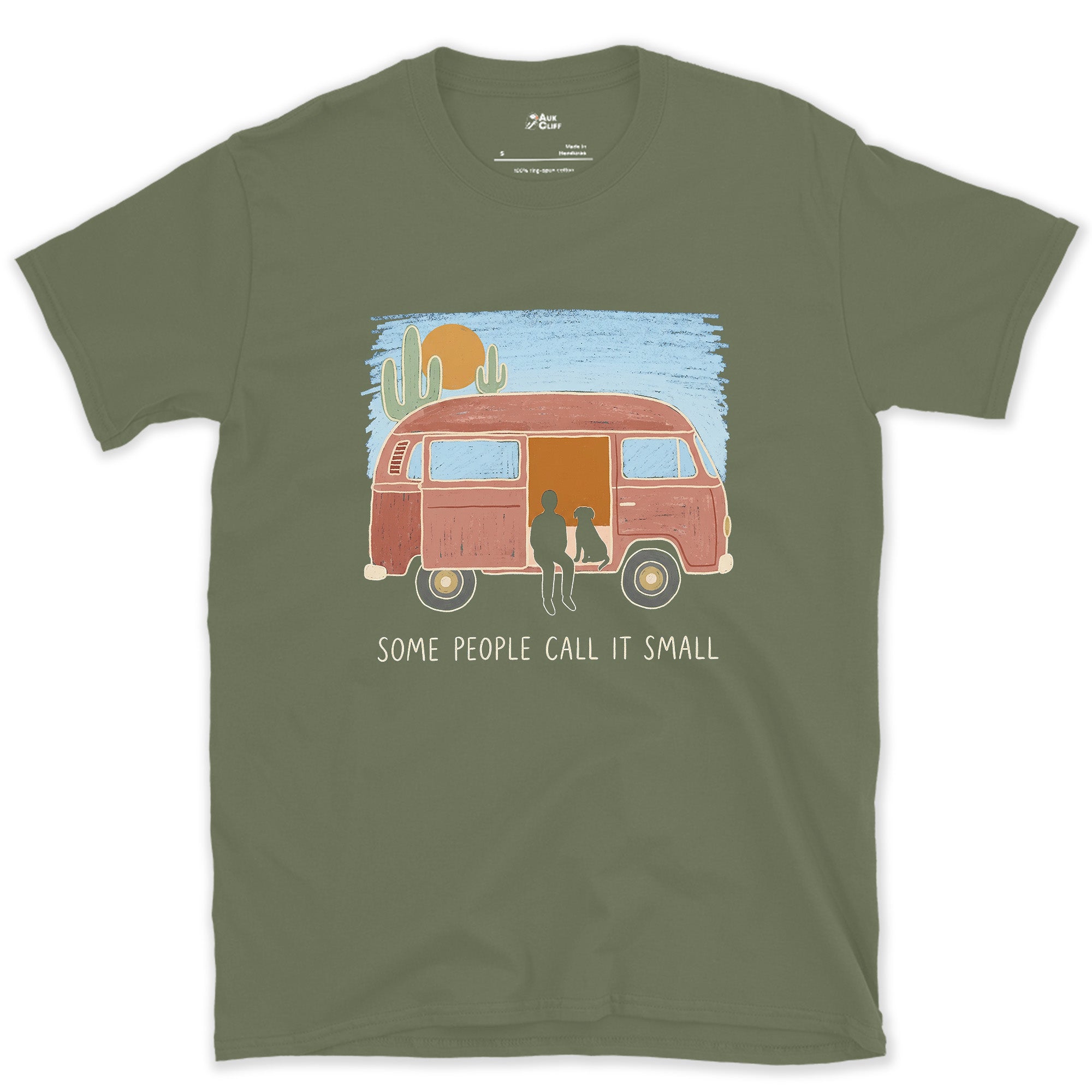 Some People Call It Small, Two, Dog and Camper design on a Military Green Gildan Softstyle t-shirt
