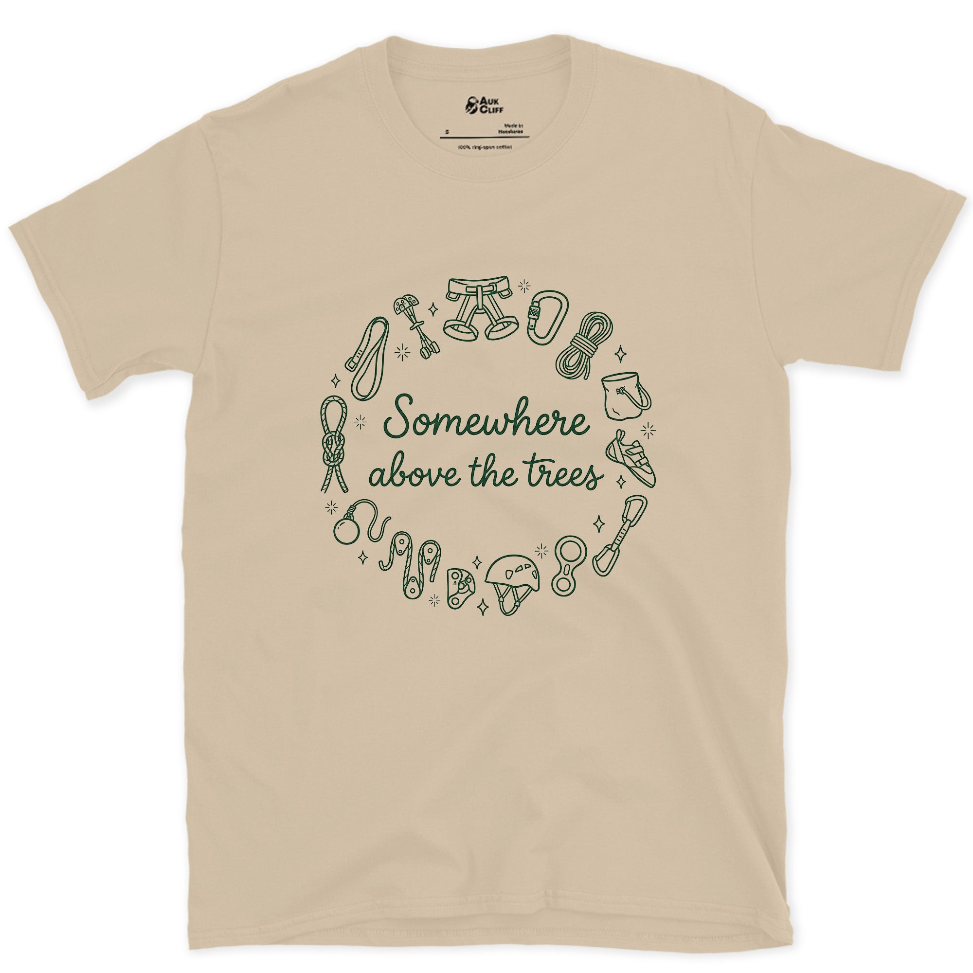 Somewhere Above the Trees, Climbing Gear Ring design on a Sand Gildan Softstyle t-shirt