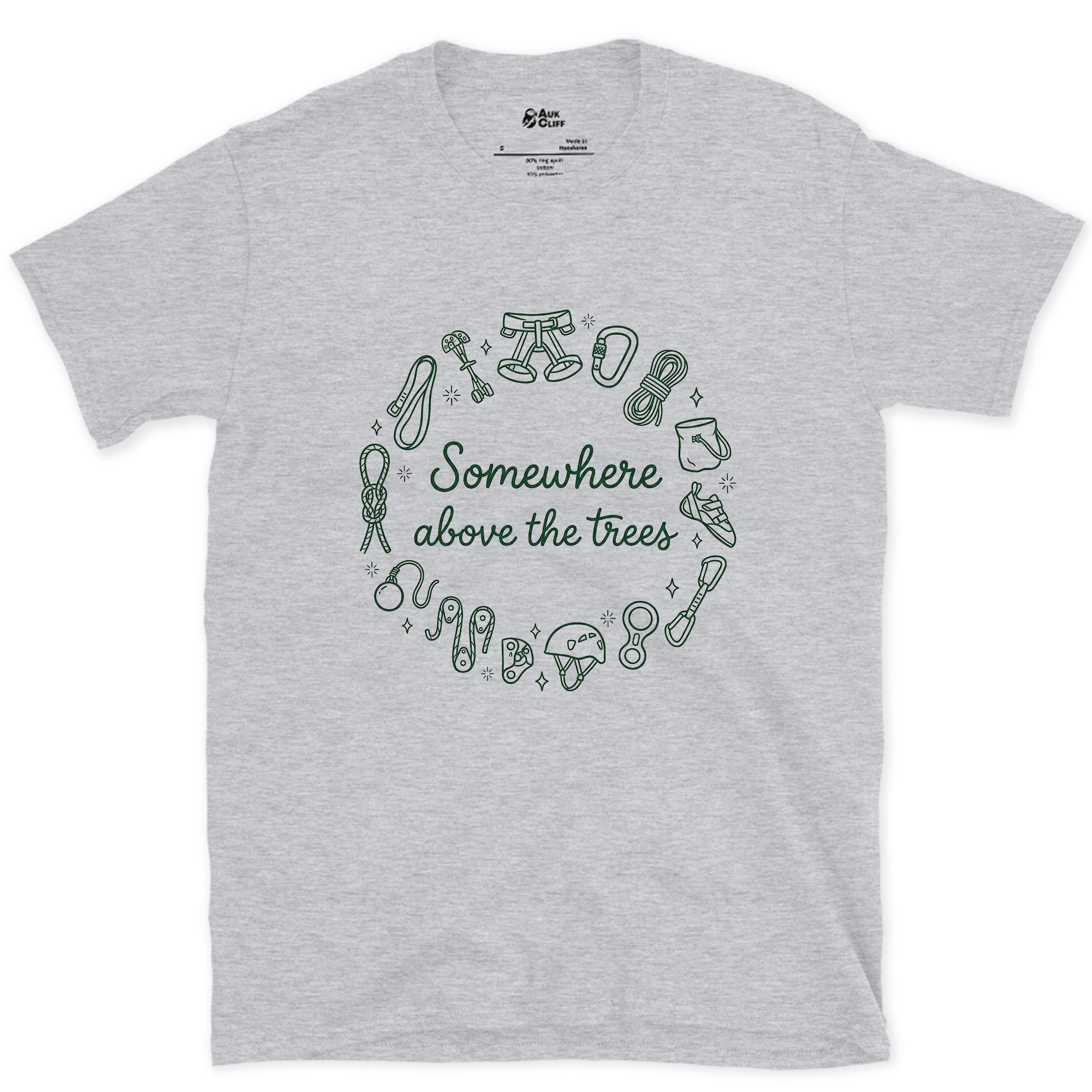 Somewhere Above the Trees, Climbing Gear Ring design on a Sport Grey Gildan Softstyle t-shirt