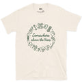 Somewhere Above the Trees, Climbing Gear Ring design on a Natural Gildan Softstyle t-shirt