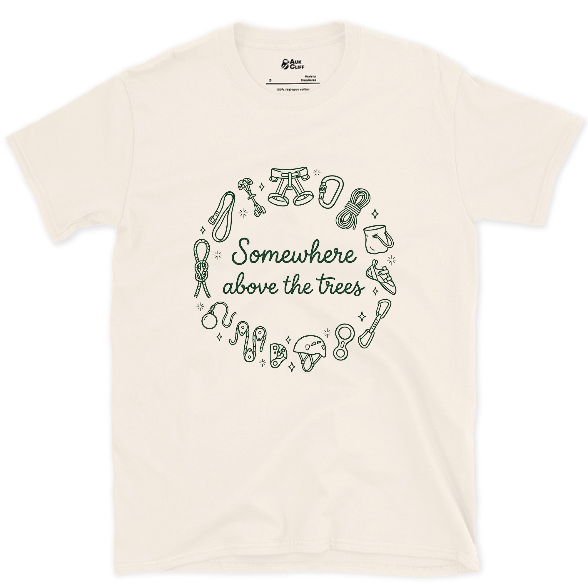 Somewhere Above the Trees, Climbing Gear Ring design on a Natural Gildan Softstyle t-shirt
