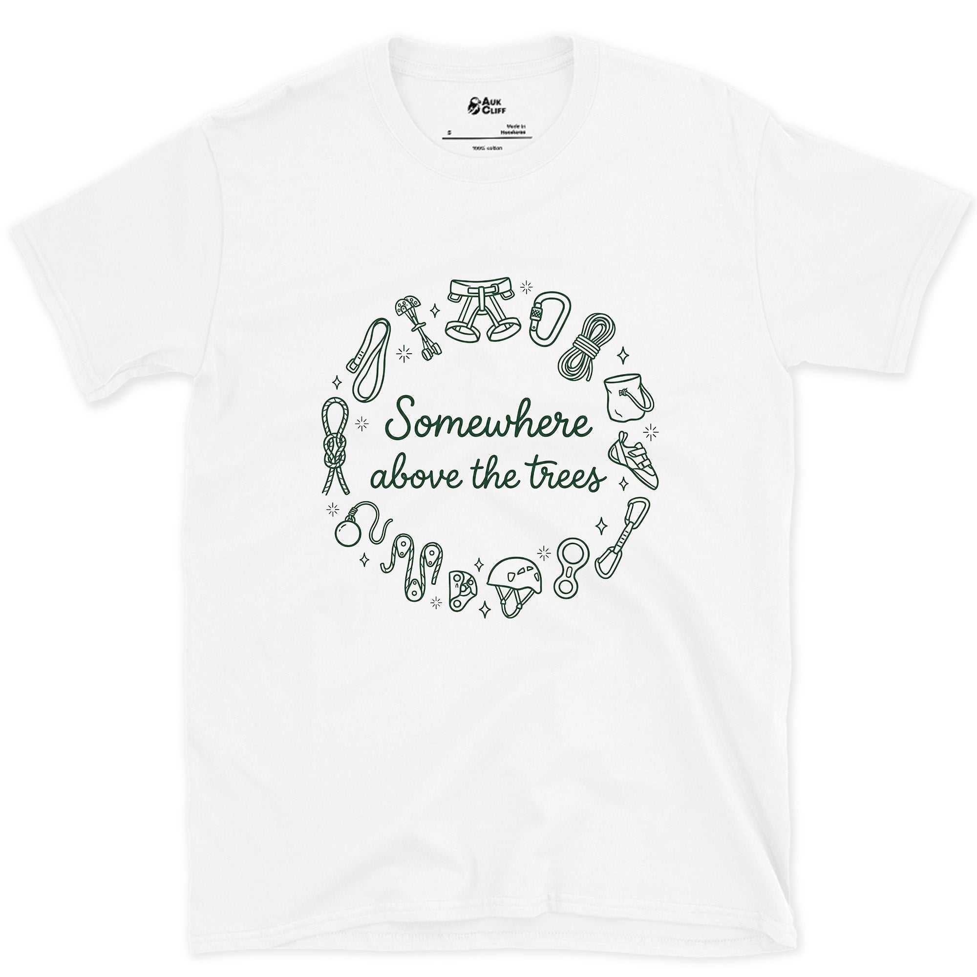 Somewhere Above the Trees, Climbing Gear Ring design on a White Gildan Softstyle t-shirt