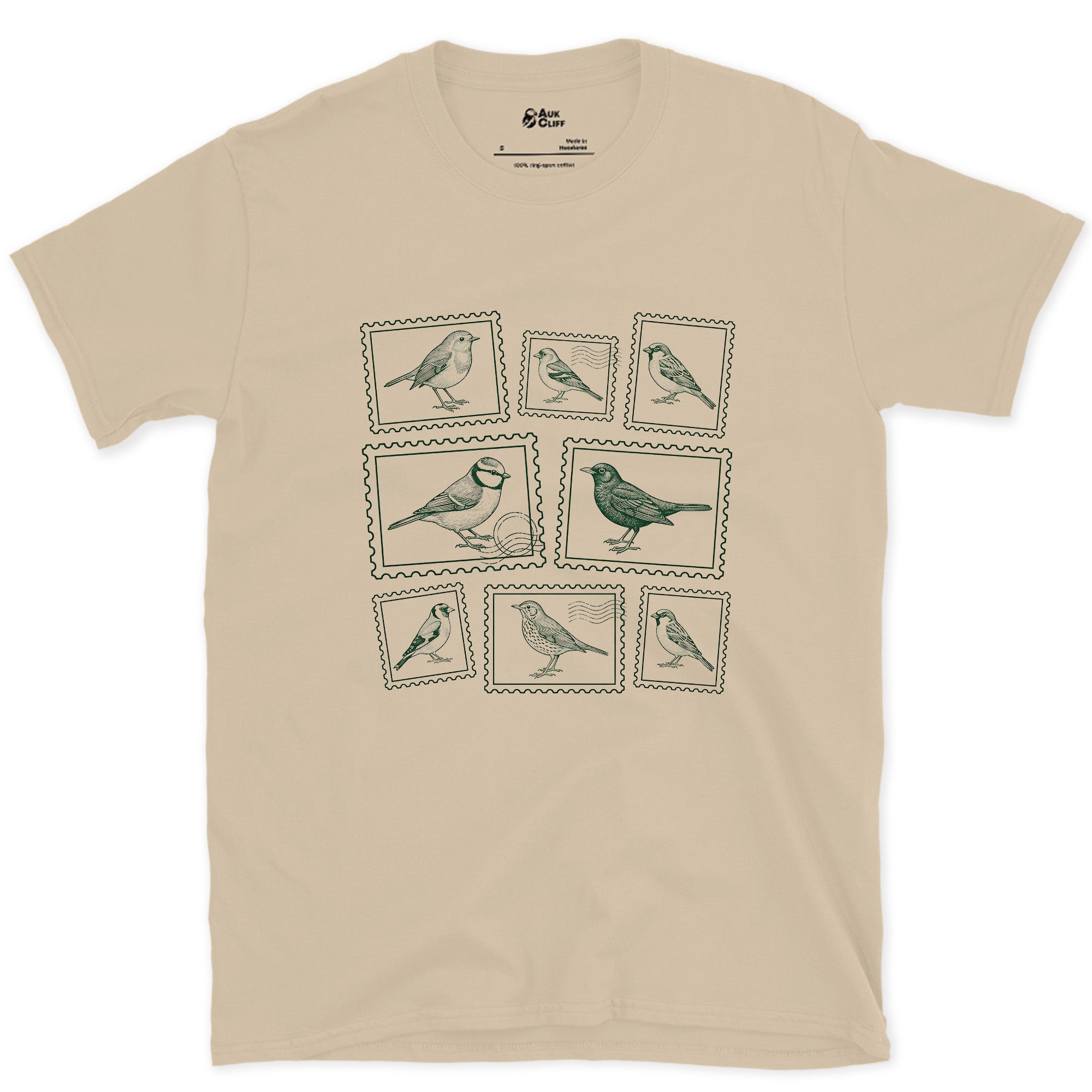 Nine Stamps, One Bird on Each design on a Sand Gildan Softstyle t-shirt
