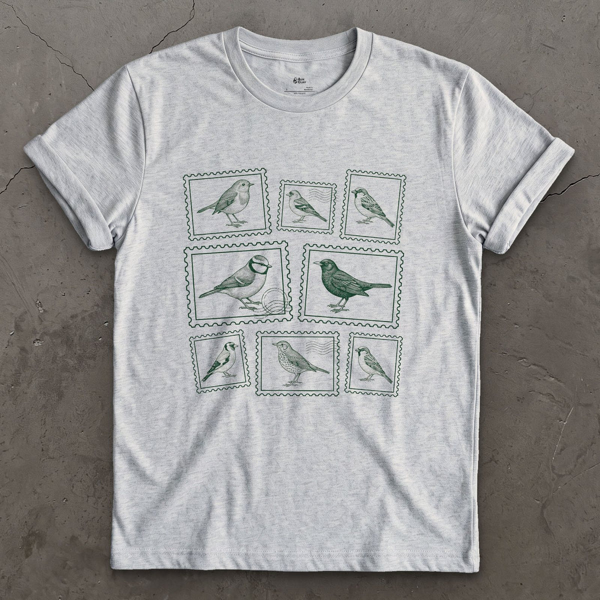 Nine Stamps, One Bird on Each design on a Sport Grey Gildan Softstyle t-shirt