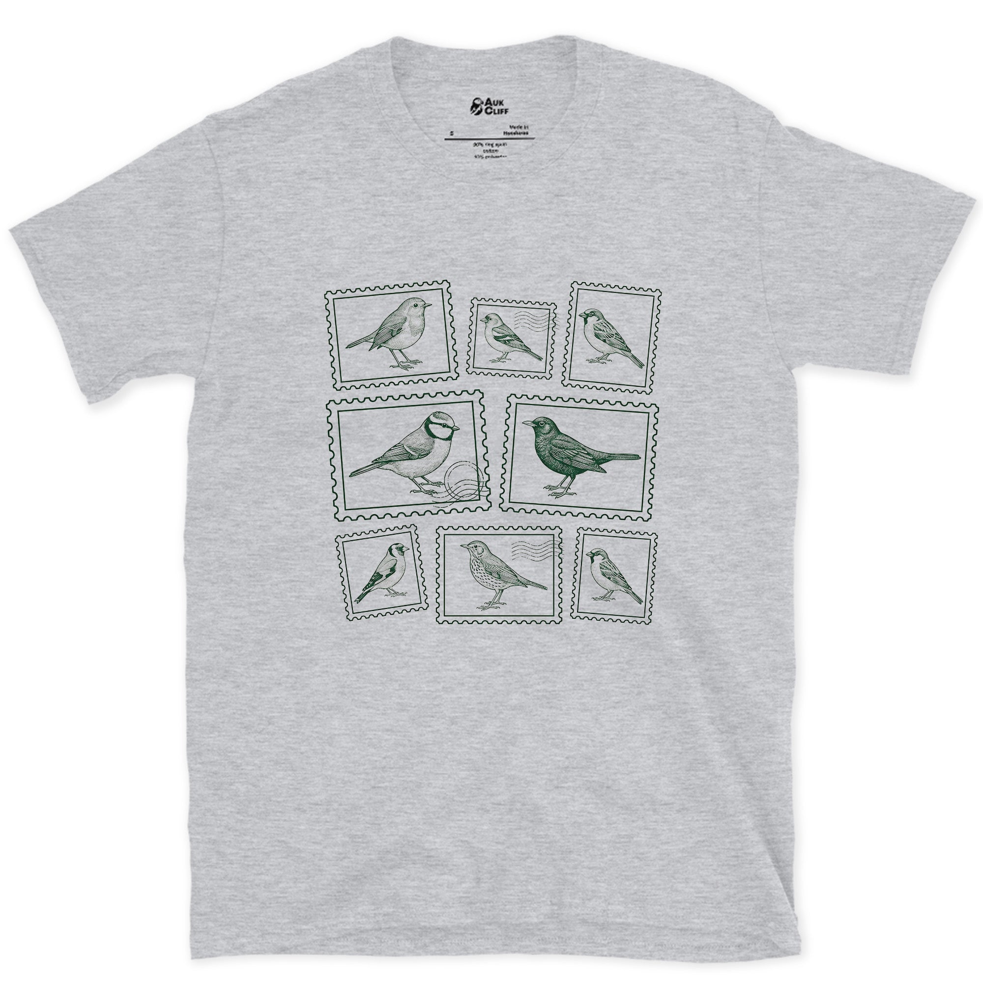 Nine Stamps, One Bird on Each design on a Sport Grey Gildan Softstyle t-shirt