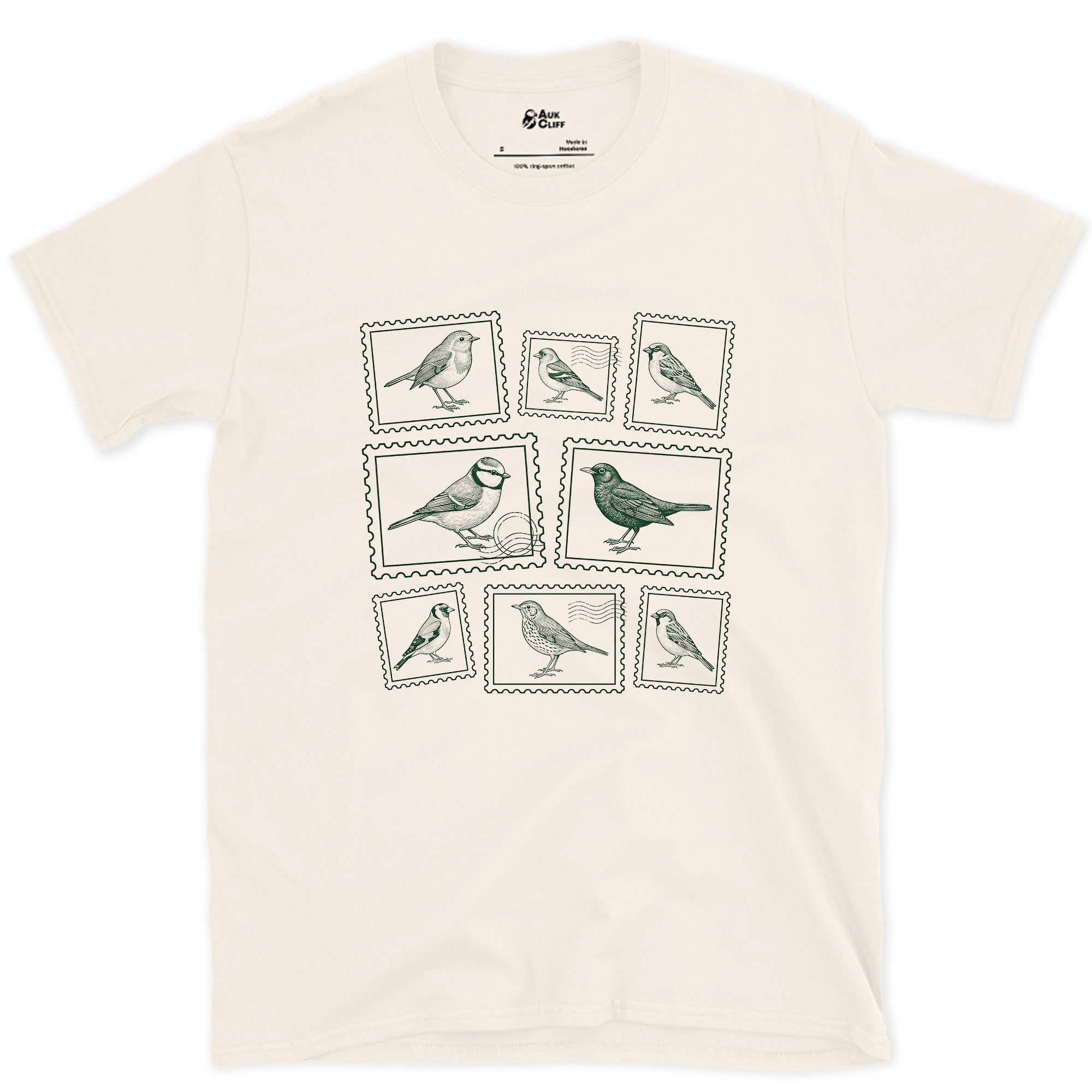 Nine Stamps, One Bird on Each design on a Natural Gildan Softstyle t-shirt