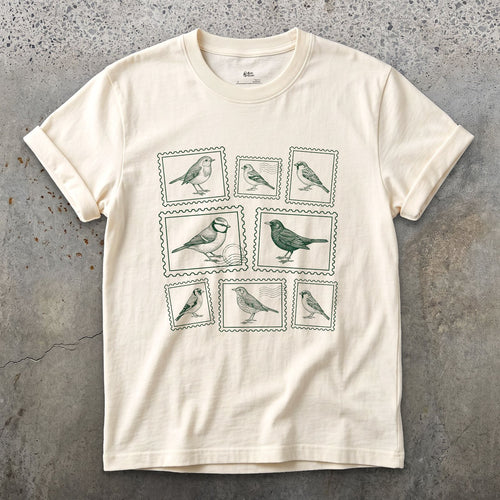 Nine Stamps, One Bird on Each design on a Natural Gildan Softstyle t-shirt