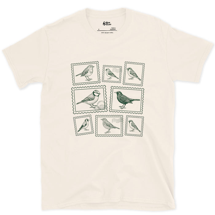 Nine Stamps, One Bird on Each design on a Natural Gildan Softstyle t-shirt