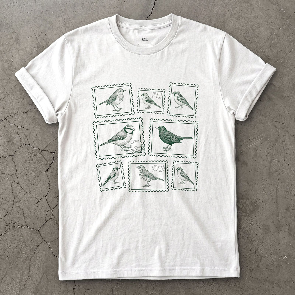 Nine Stamps, One Bird on Each design on a White Gildan Softstyle t-shirt