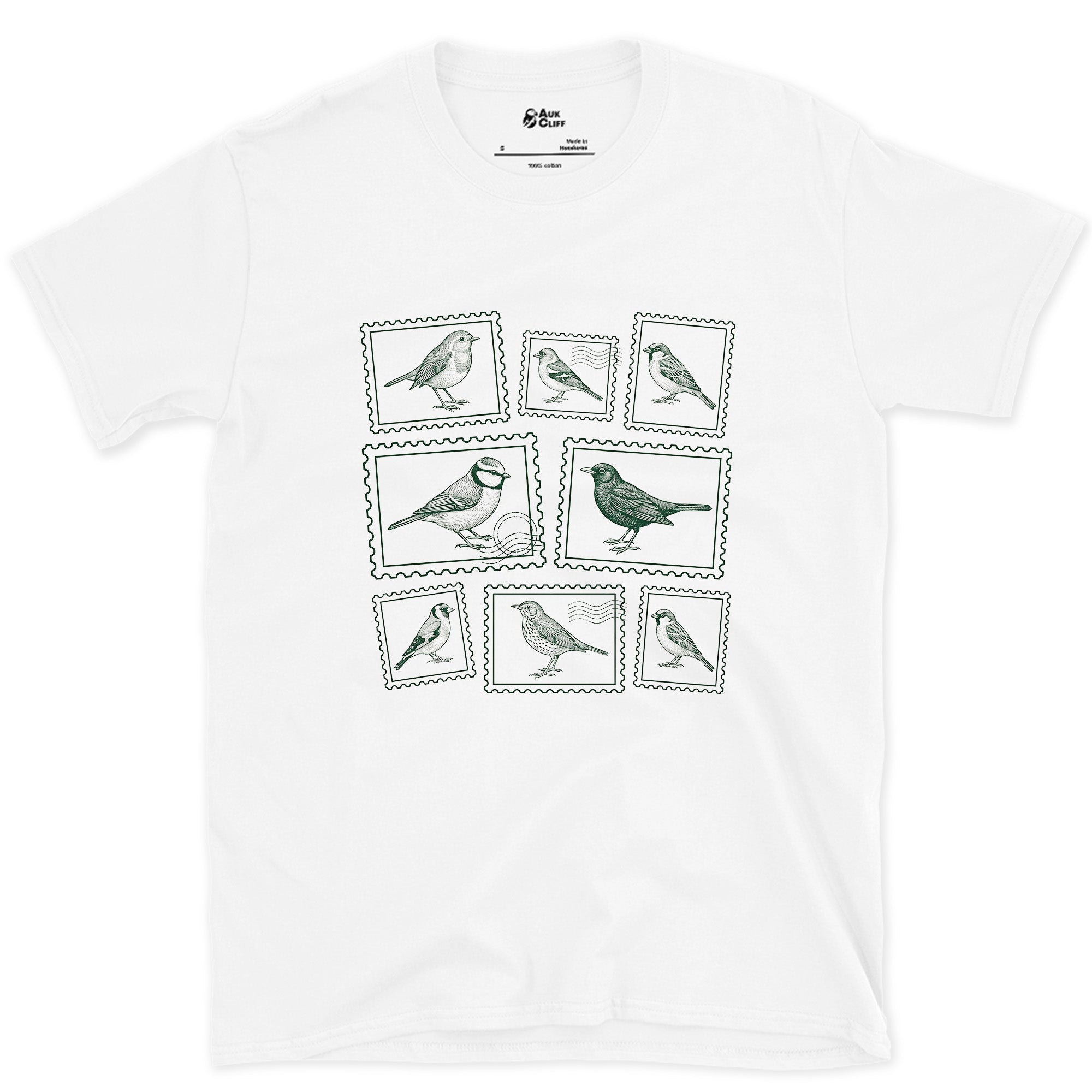 Nine Stamps, One Bird on Each design on a White Gildan Softstyle t-shirt