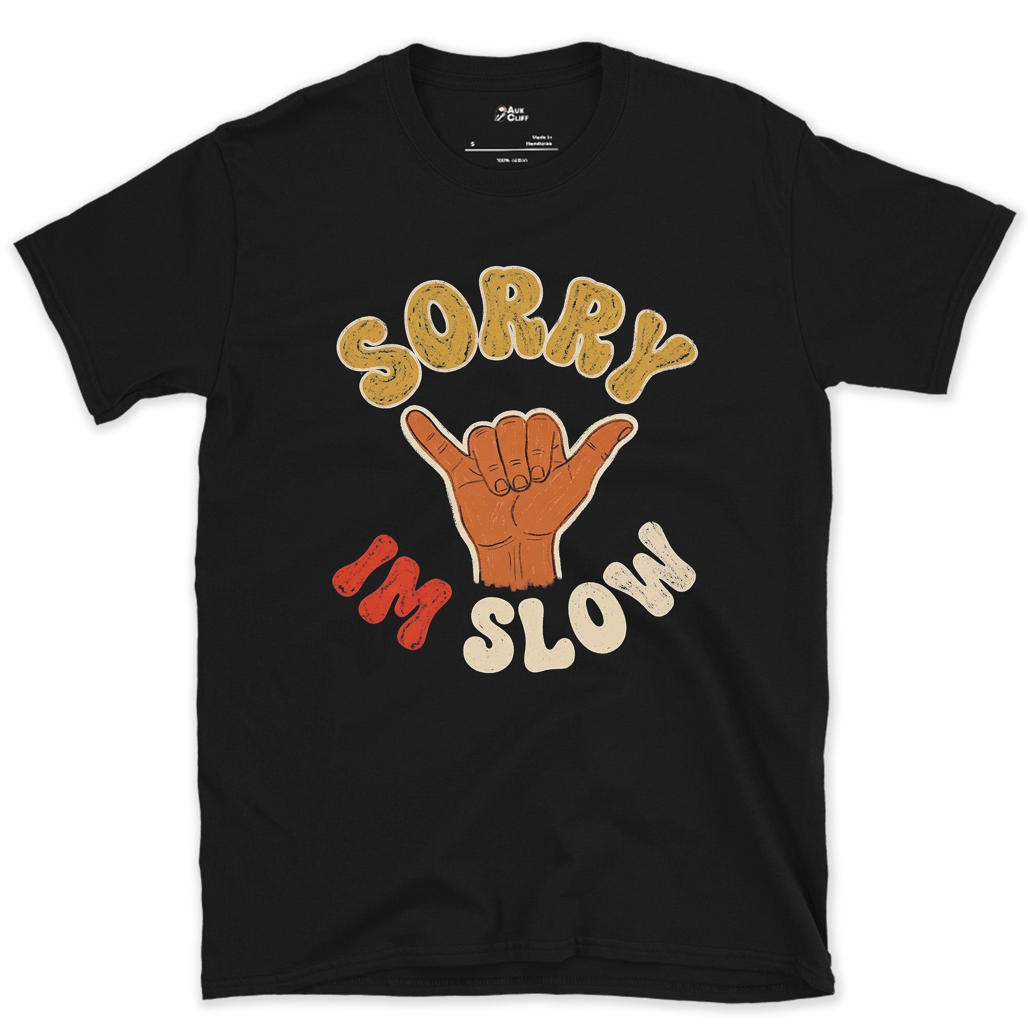 Sorry I'm Slow, Waved Through on the Trail design on a Black Gildan Softstyle t-shirt