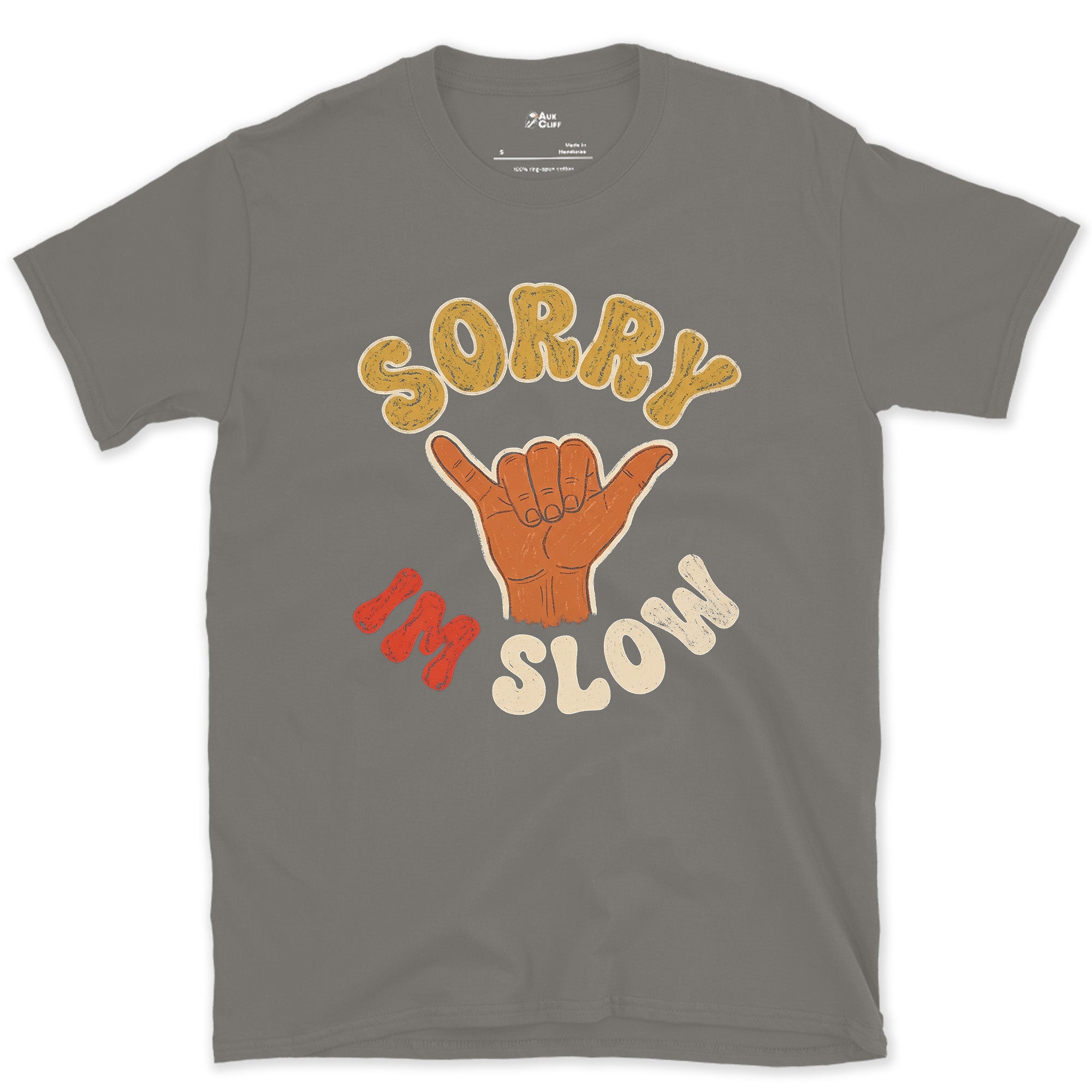 Sorry I'm Slow, Waved Through on the Trail design on a Charcoal Gildan Softstyle t-shirt