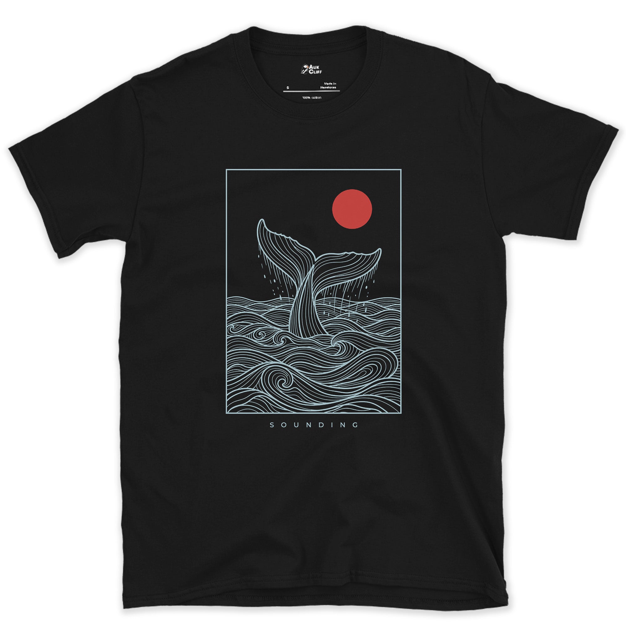Sounding, Whale Tail Diving design on a Black Gildan Softstyle t-shirt