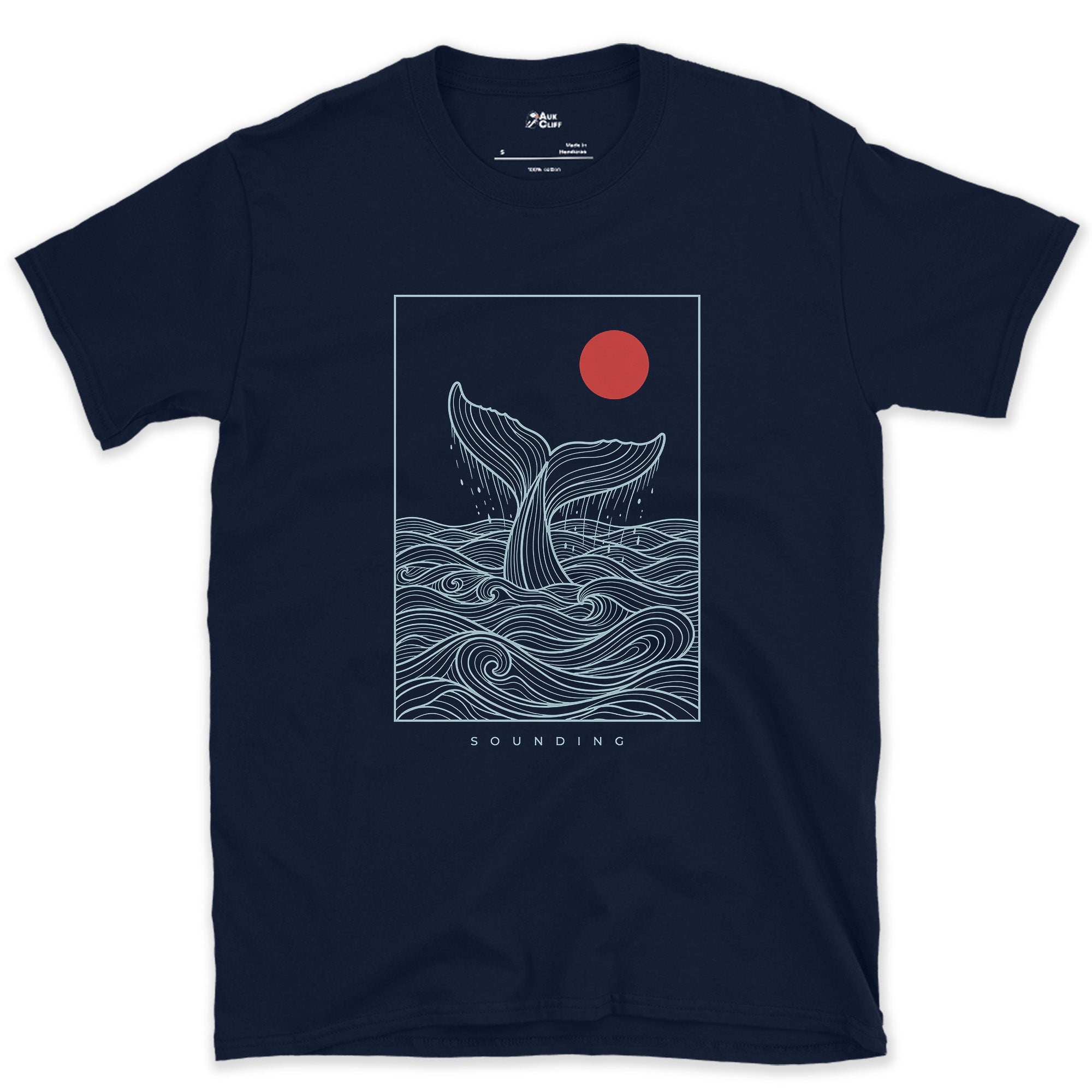 Sounding, Whale Tail Diving design on a Navy Gildan Softstyle t-shirt