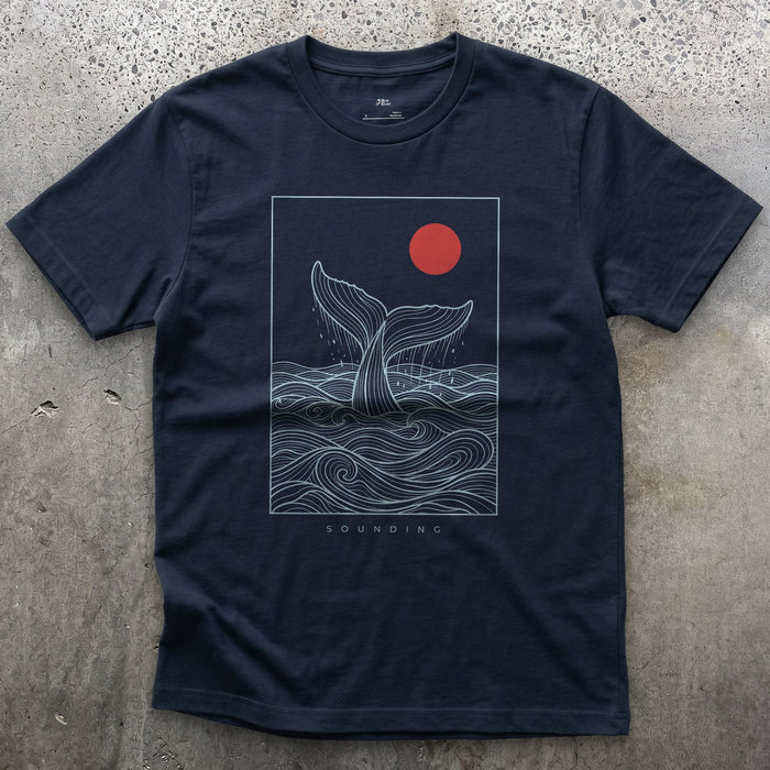 Sounding, Whale Tail Diving design on a Navy Gildan Softstyle t-shirt