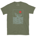 Sounding, Whale Tail Diving design on a Military Green Gildan Softstyle t-shirt