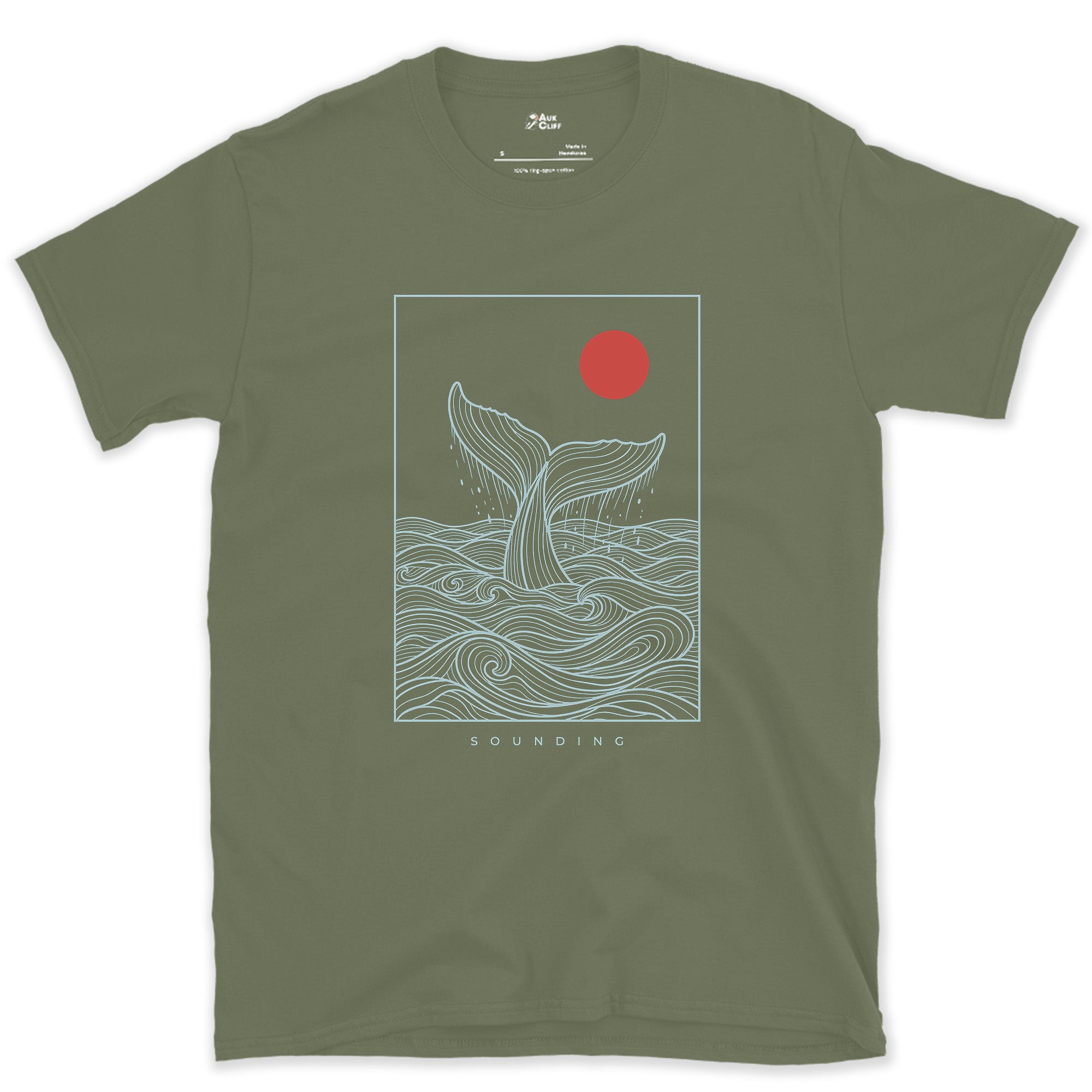 Sounding, Whale Tail Diving design on a Military Green Gildan Softstyle t-shirt