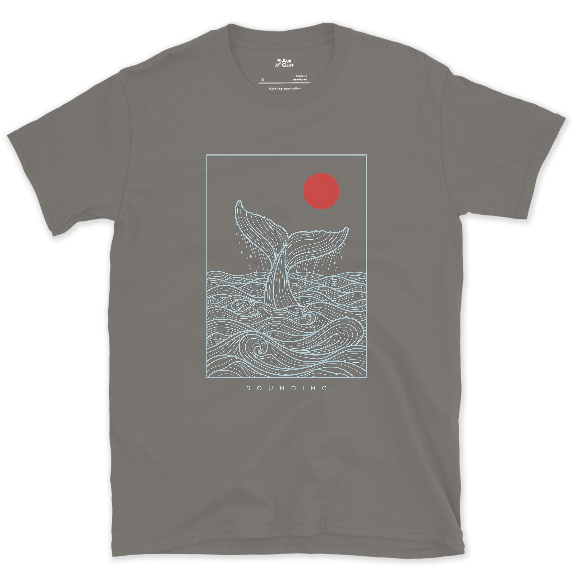 Sounding, Whale Tail Diving design on a Charcoal Gildan Softstyle t-shirt