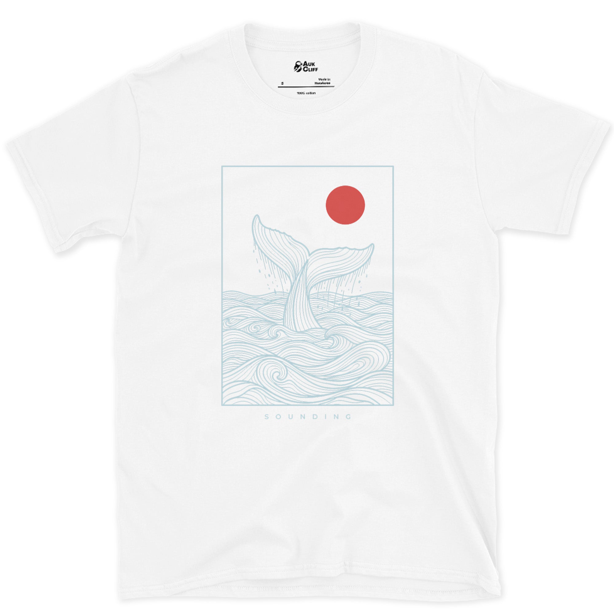 Sounding, Whale Tail Diving design on a White Gildan Softstyle t-shirt