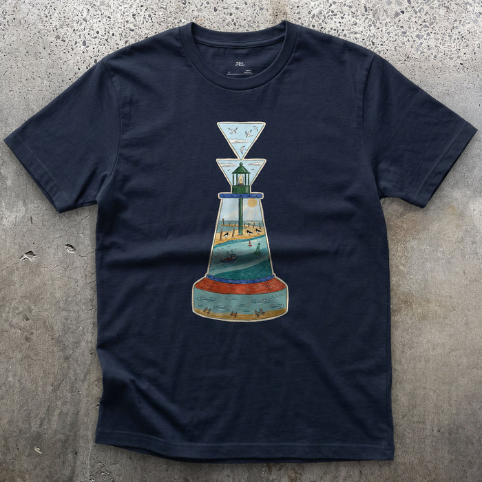 South Cardinal, Warm Estuary design on a Navy Gildan Softstyle t-shirt