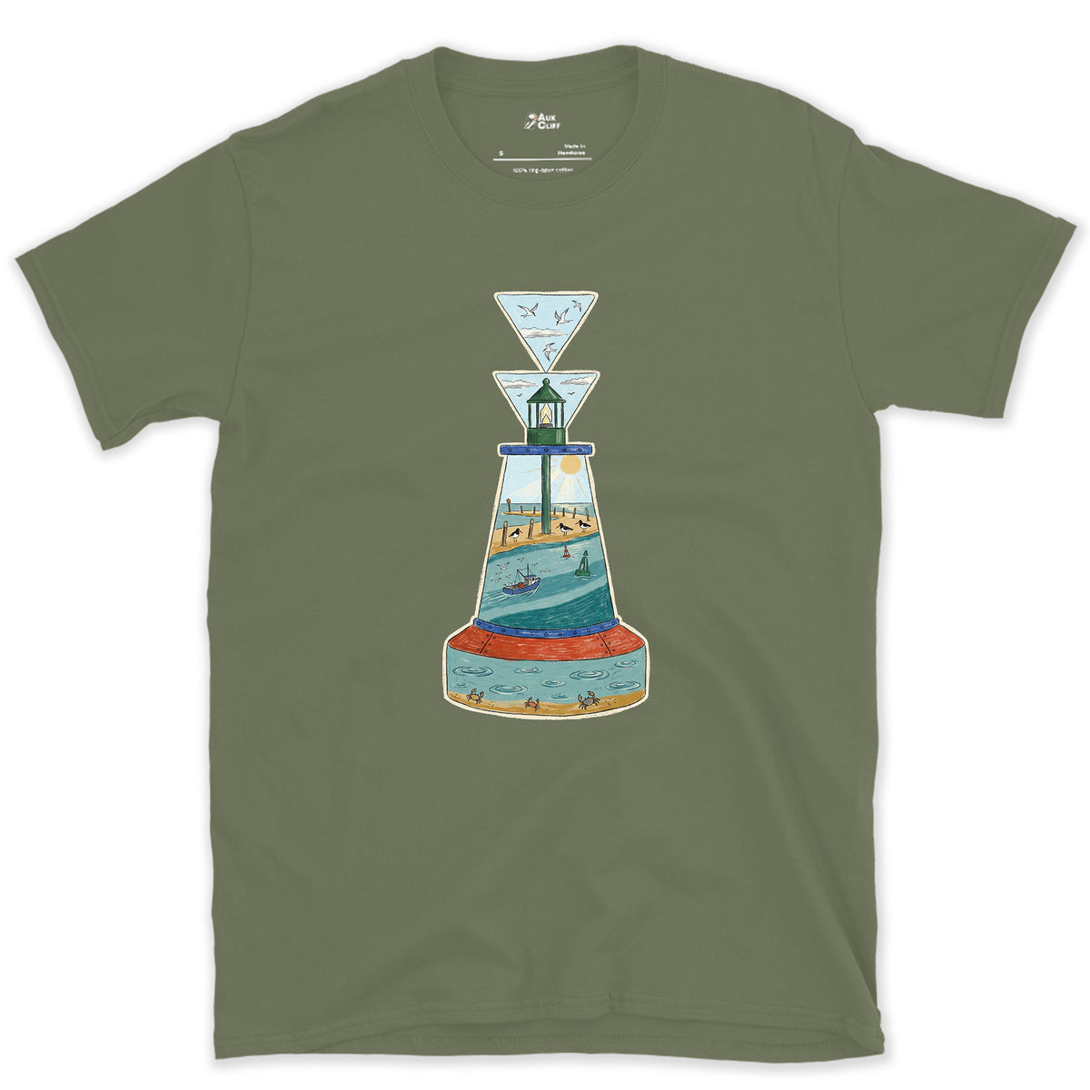 South Cardinal, Warm Estuary design on a Military Green Gildan Softstyle t-shirt