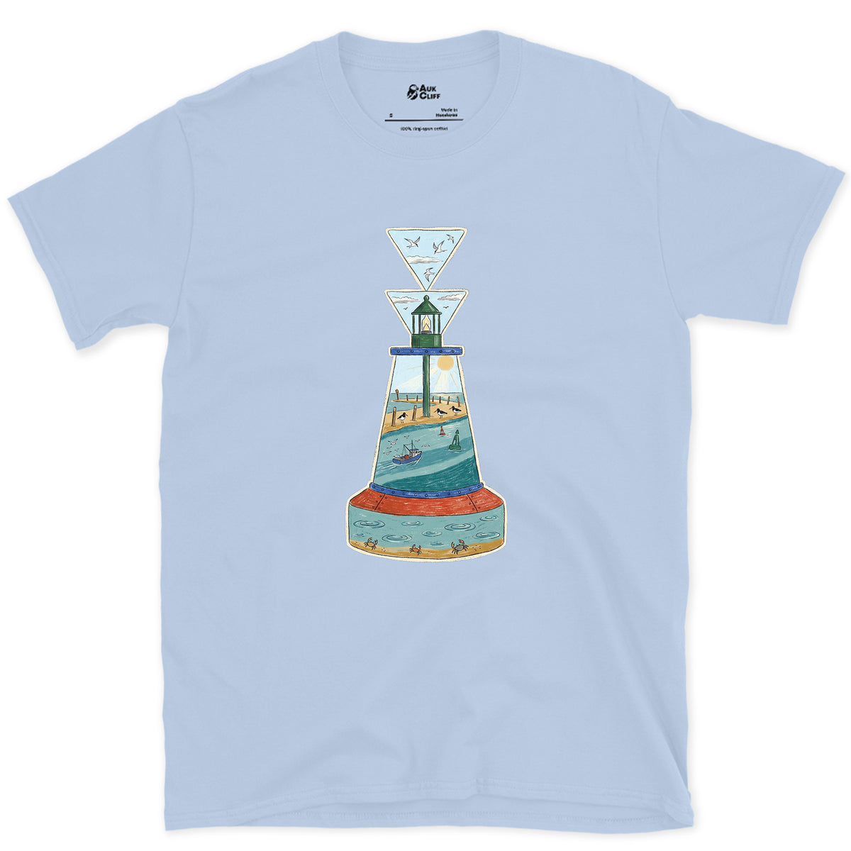 South Cardinal, Warm Estuary design on a Light Blue Gildan Softstyle t-shirt
