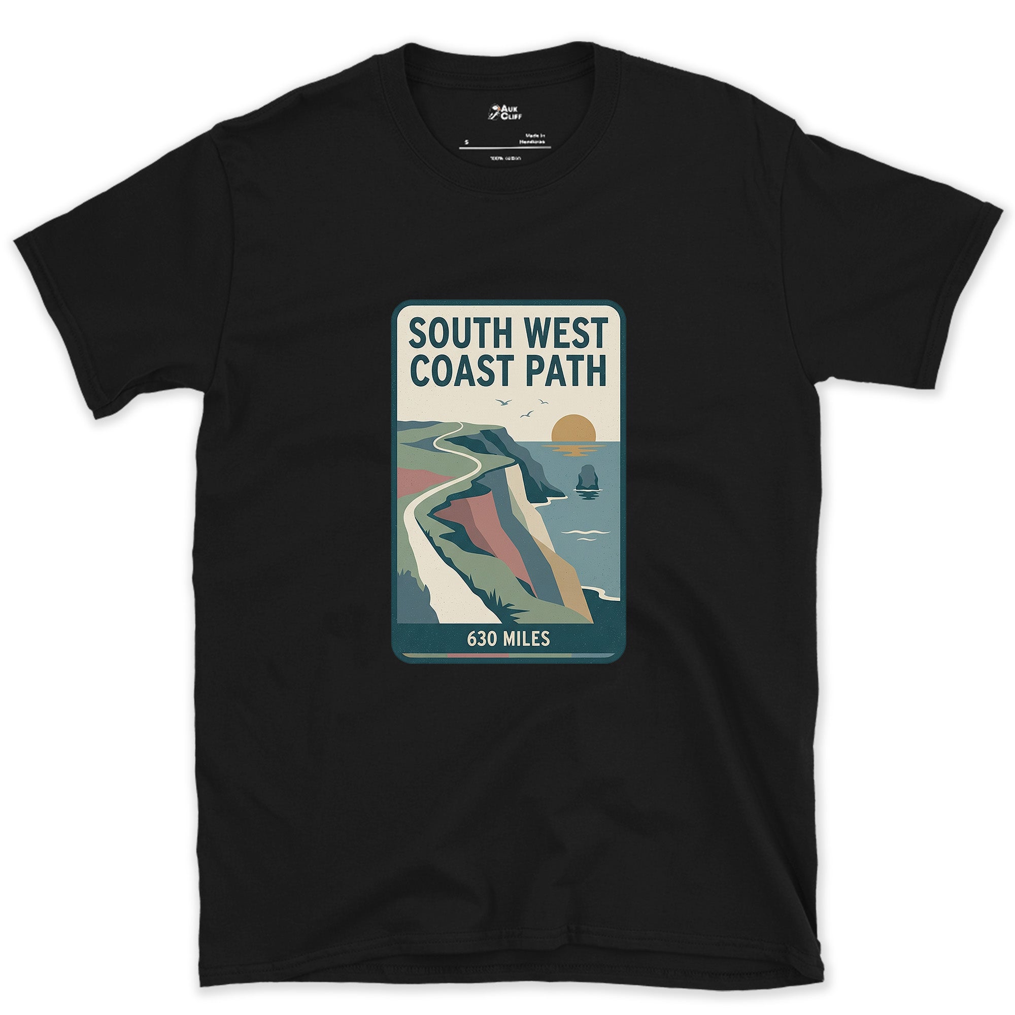 All 630 Miles of the South West Coast Path design on a Black Gildan Softstyle t-shirt