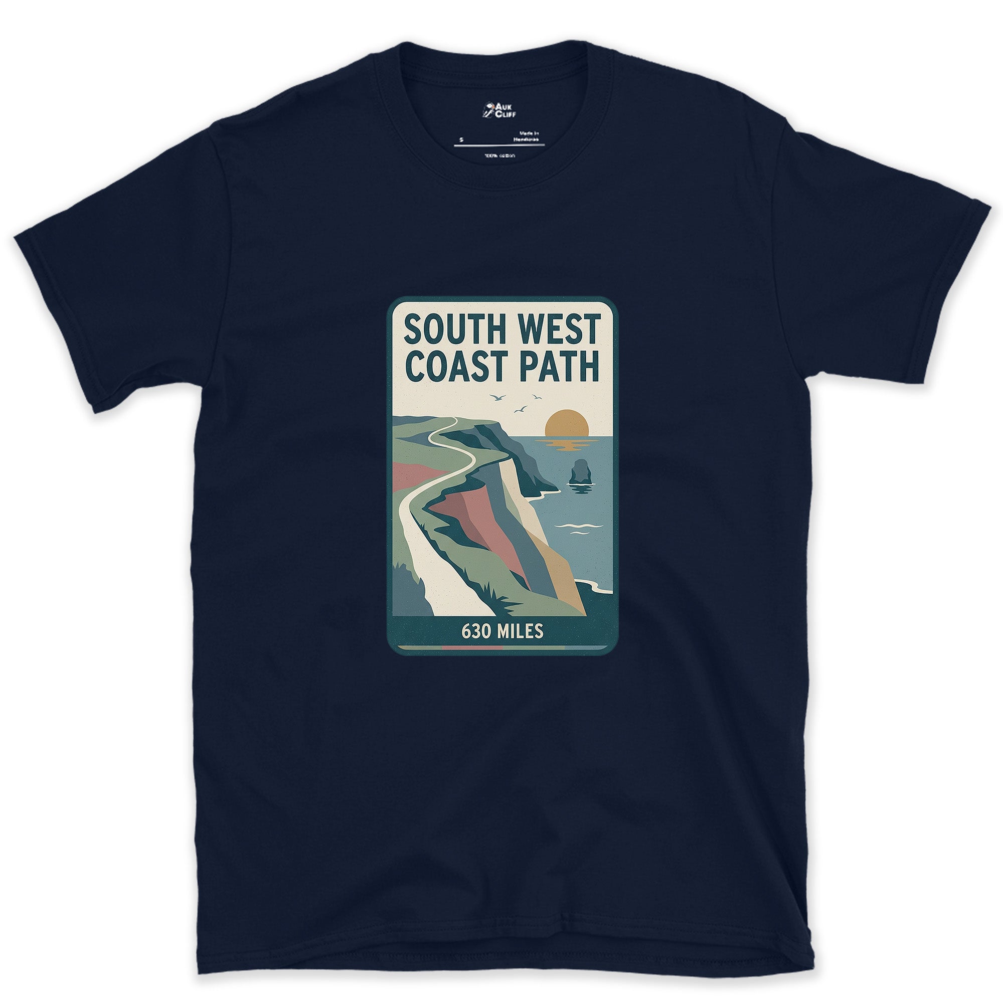 All 630 Miles of the South West Coast Path design on a Navy Gildan Softstyle t-shirt