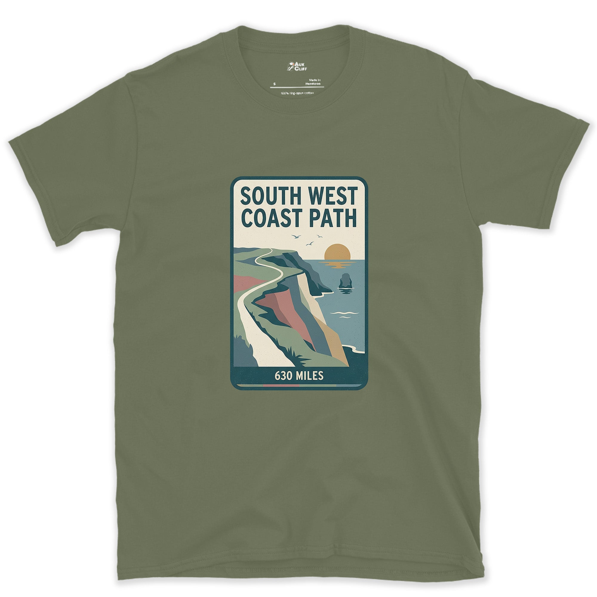All 630 Miles of the South West Coast Path design on a Military Green Gildan Softstyle t-shirt