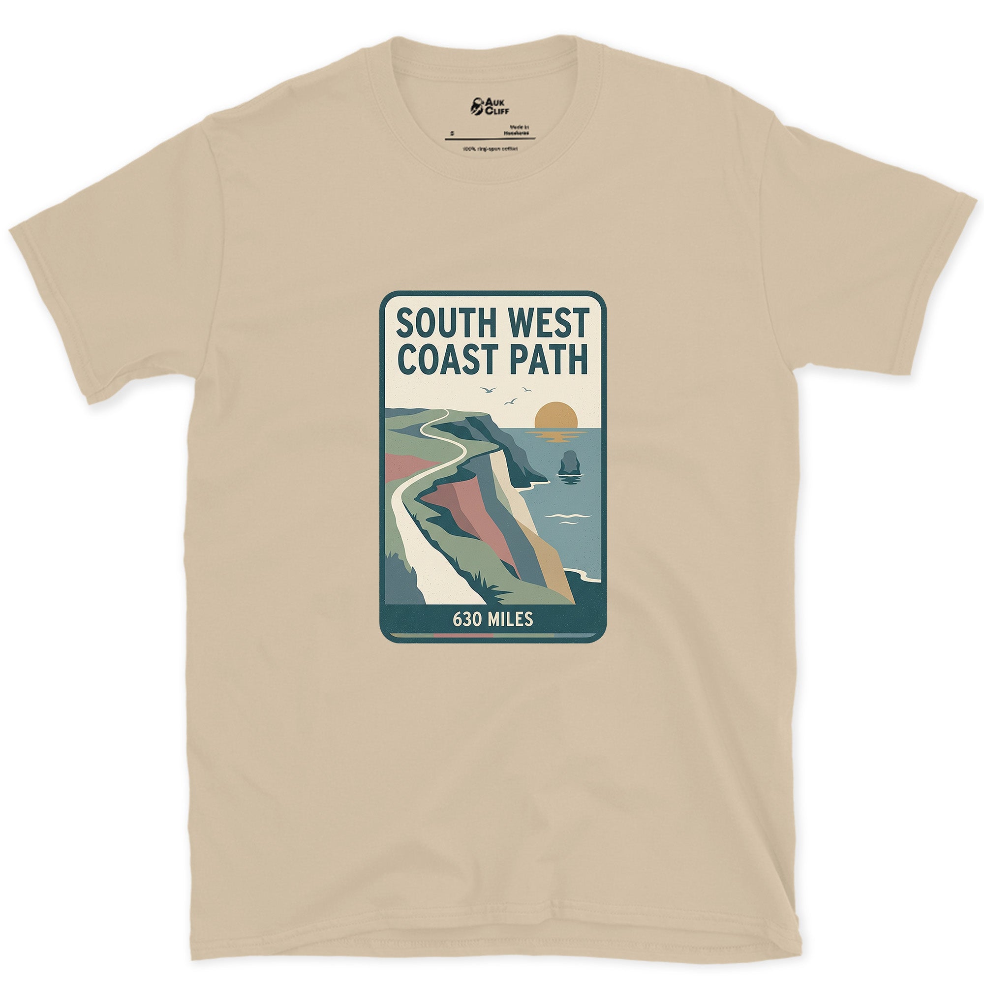 All 630 Miles of the South West Coast Path design on a Sand Gildan Softstyle t-shirt
