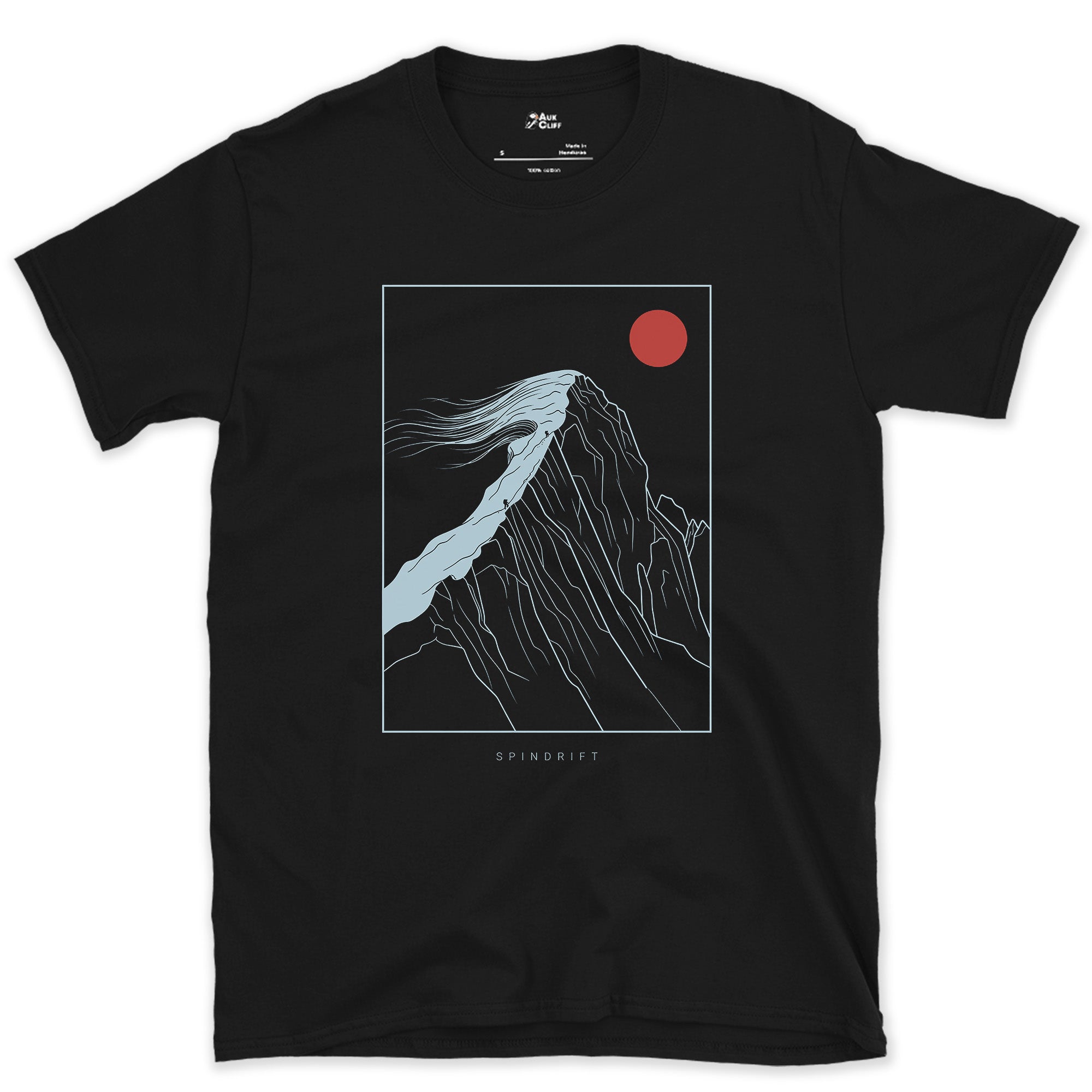 Spindrift Off the Cornice design on a Black Gildan Softstyle t-shirt