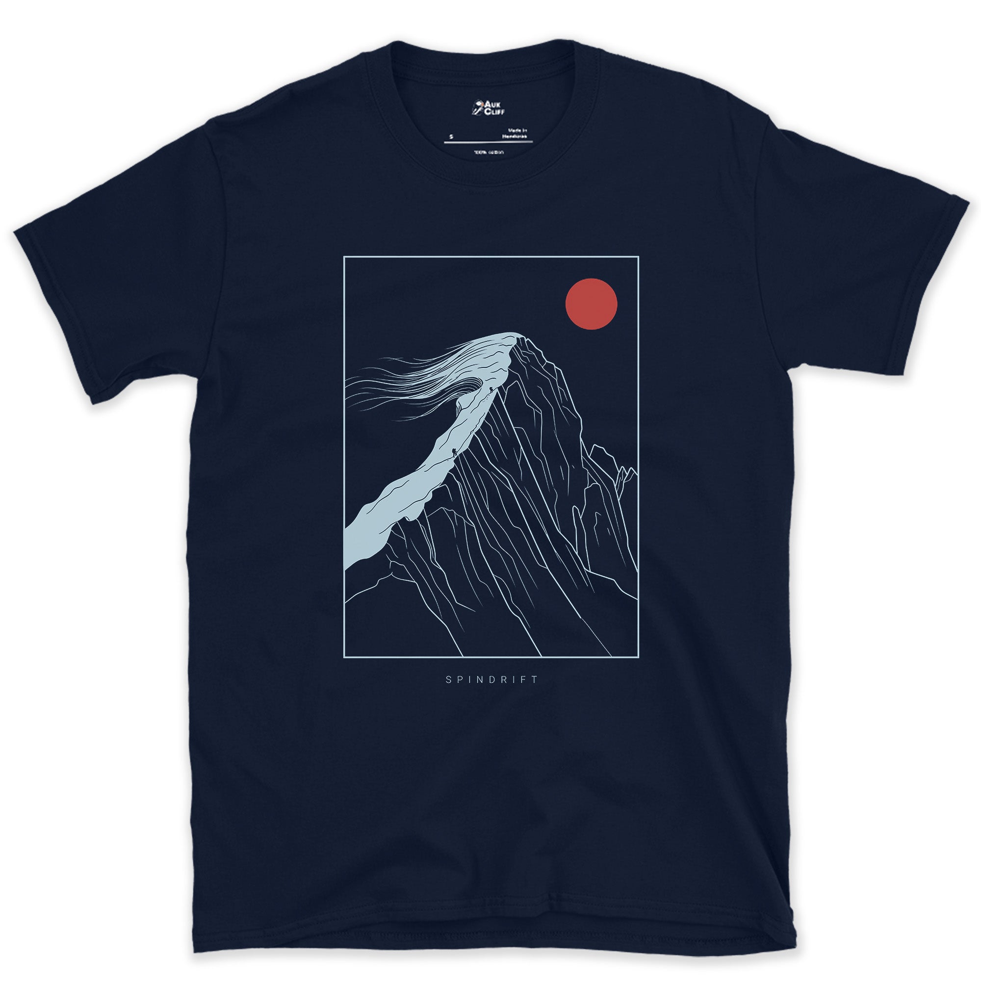 Spindrift Off the Cornice design on a Navy Gildan Softstyle t-shirt