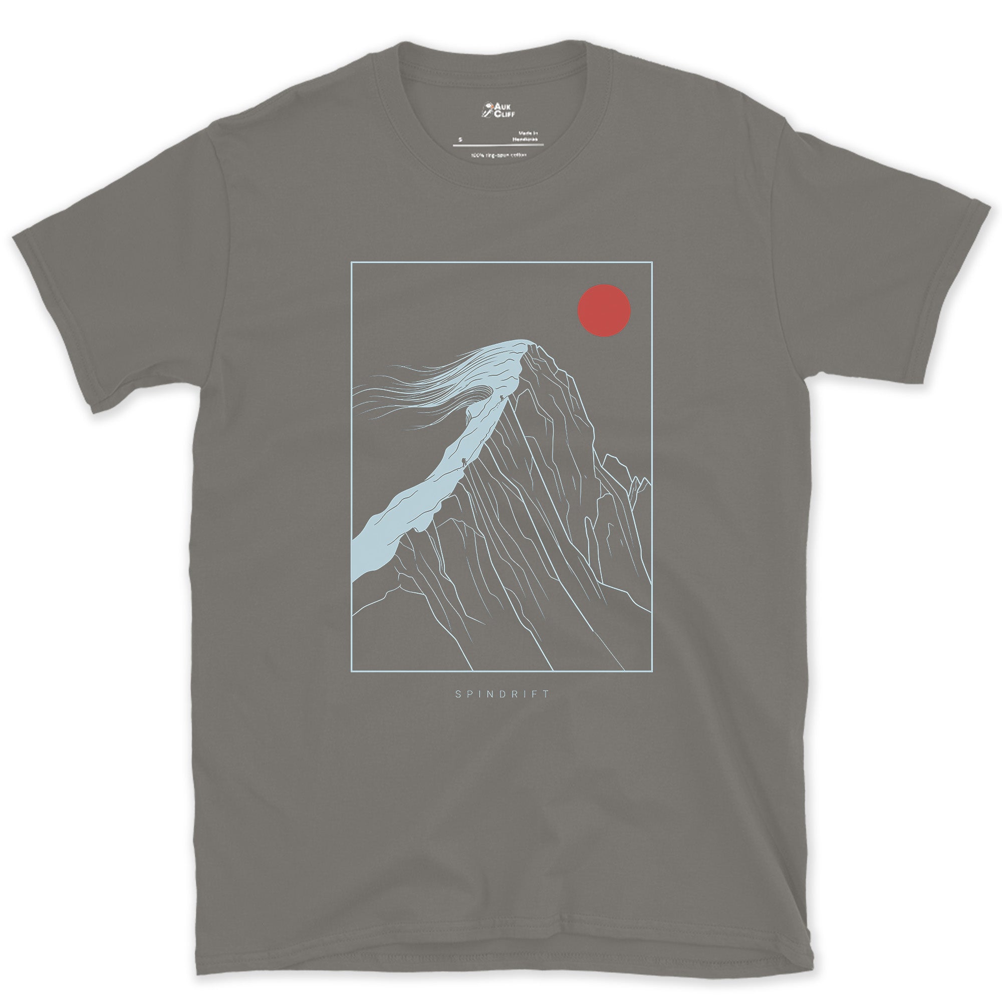 Spindrift Off the Cornice design on a Charcoal Gildan Softstyle t-shirt