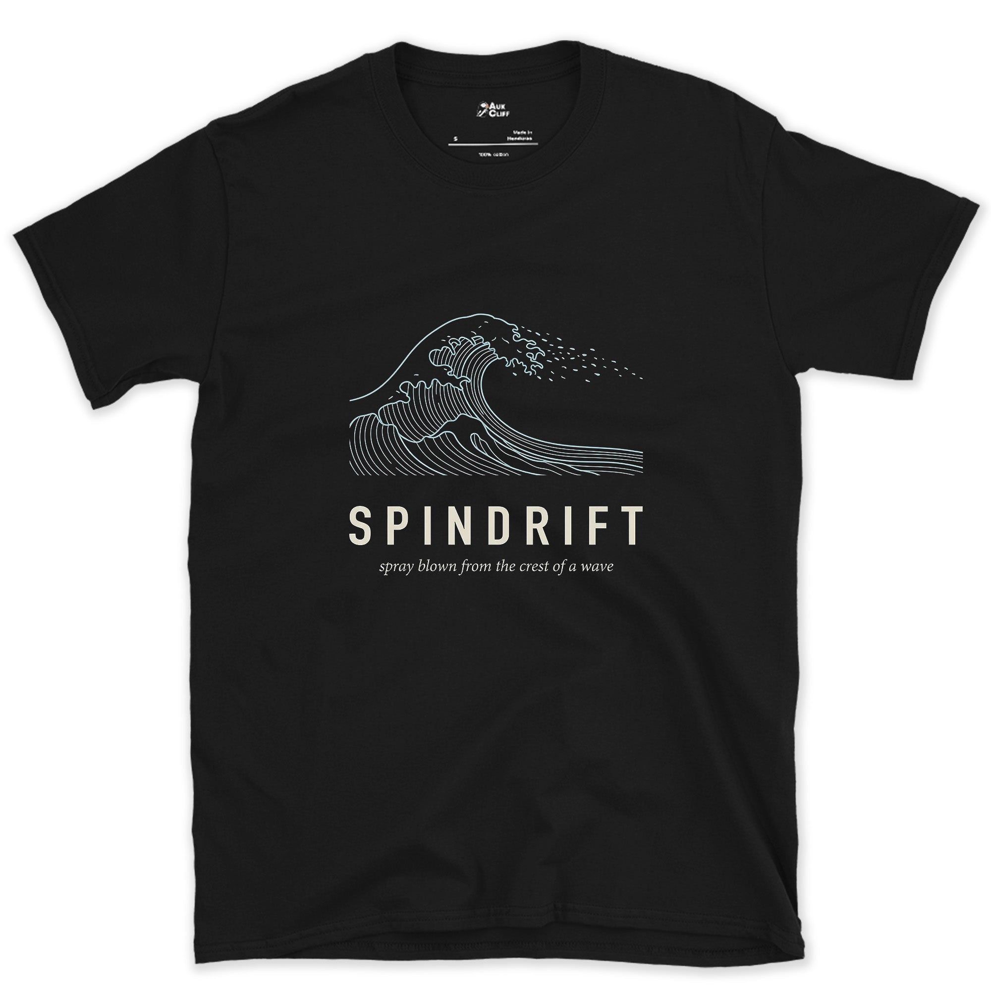 Spindrift, Spray Blown From a Wave's Crest design on a Black Gildan Softstyle t-shirt
