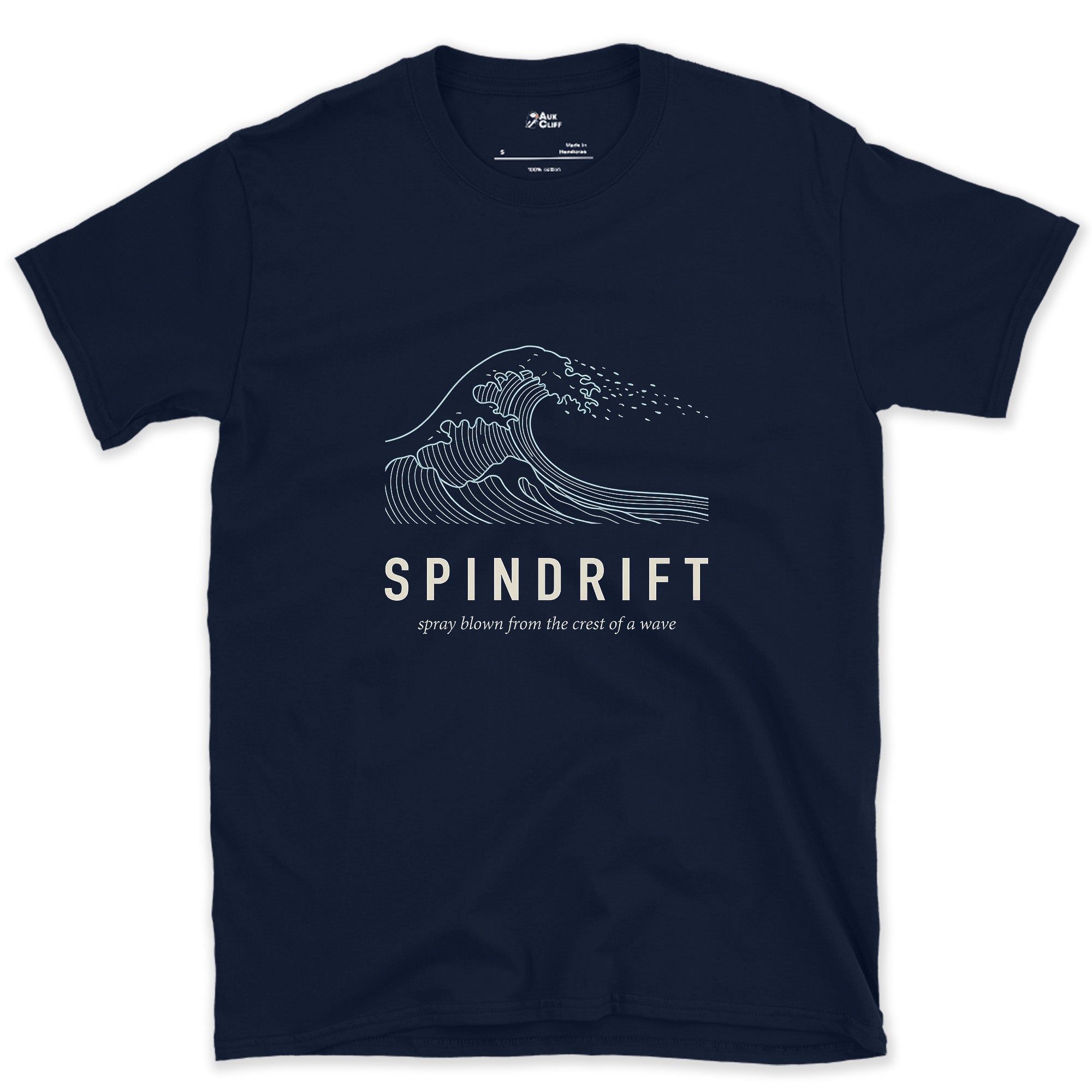 Spindrift, Spray Blown From a Wave's Crest design on a Navy Gildan Softstyle t-shirt