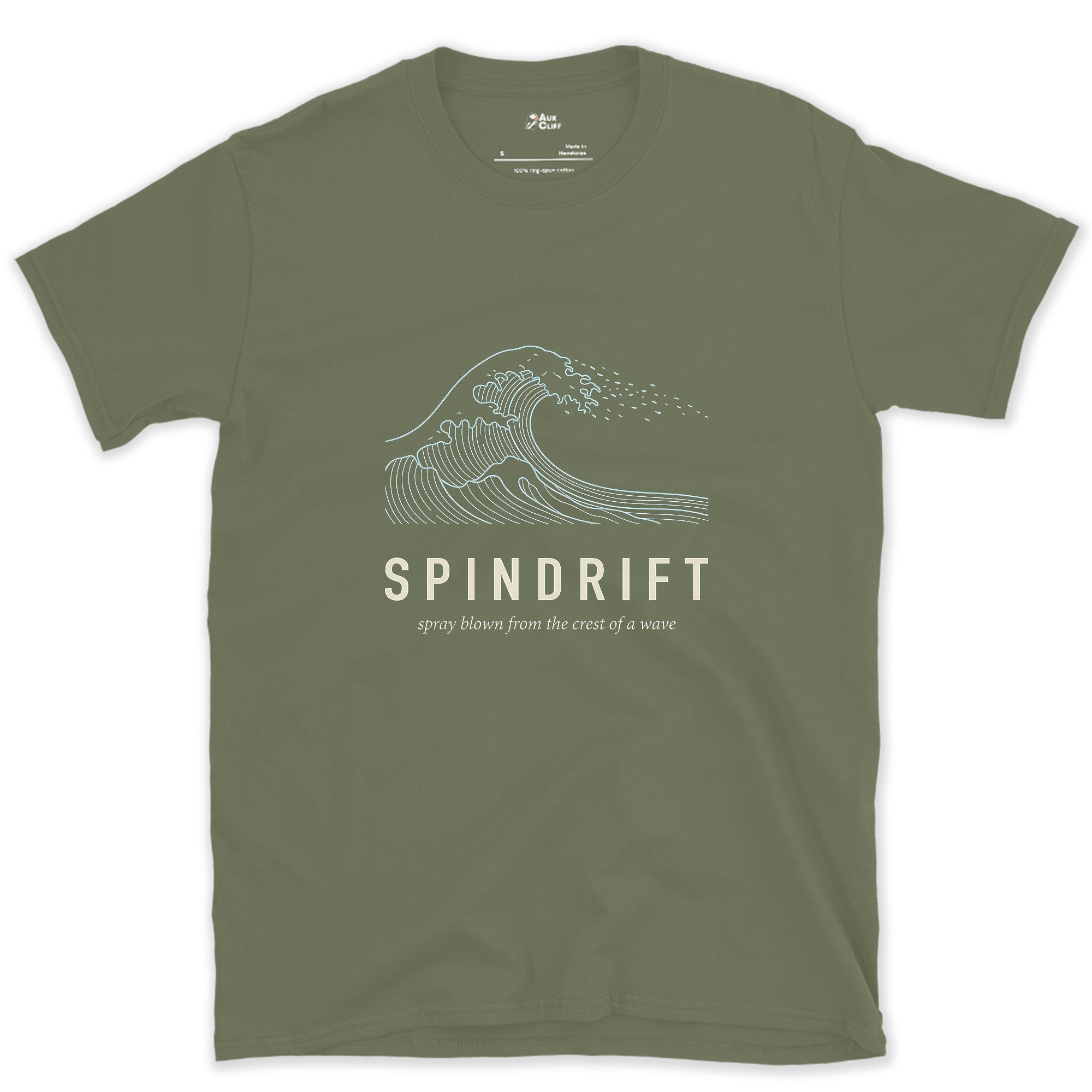Spindrift, Spray Blown From a Wave's Crest design on a Military Green Gildan Softstyle t-shirt