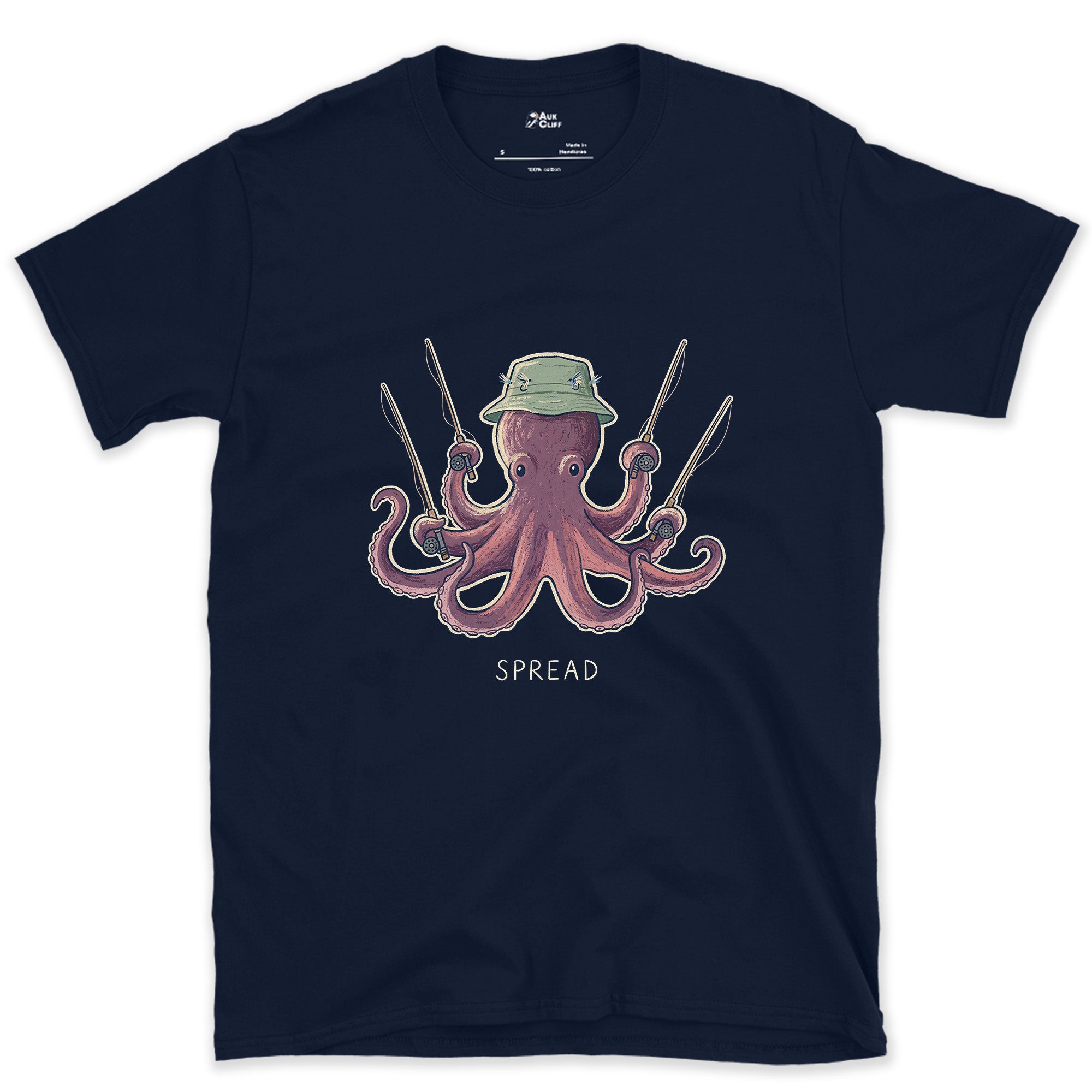 Spread, Octopus With Four Rods design on a Navy Gildan Softstyle t-shirt