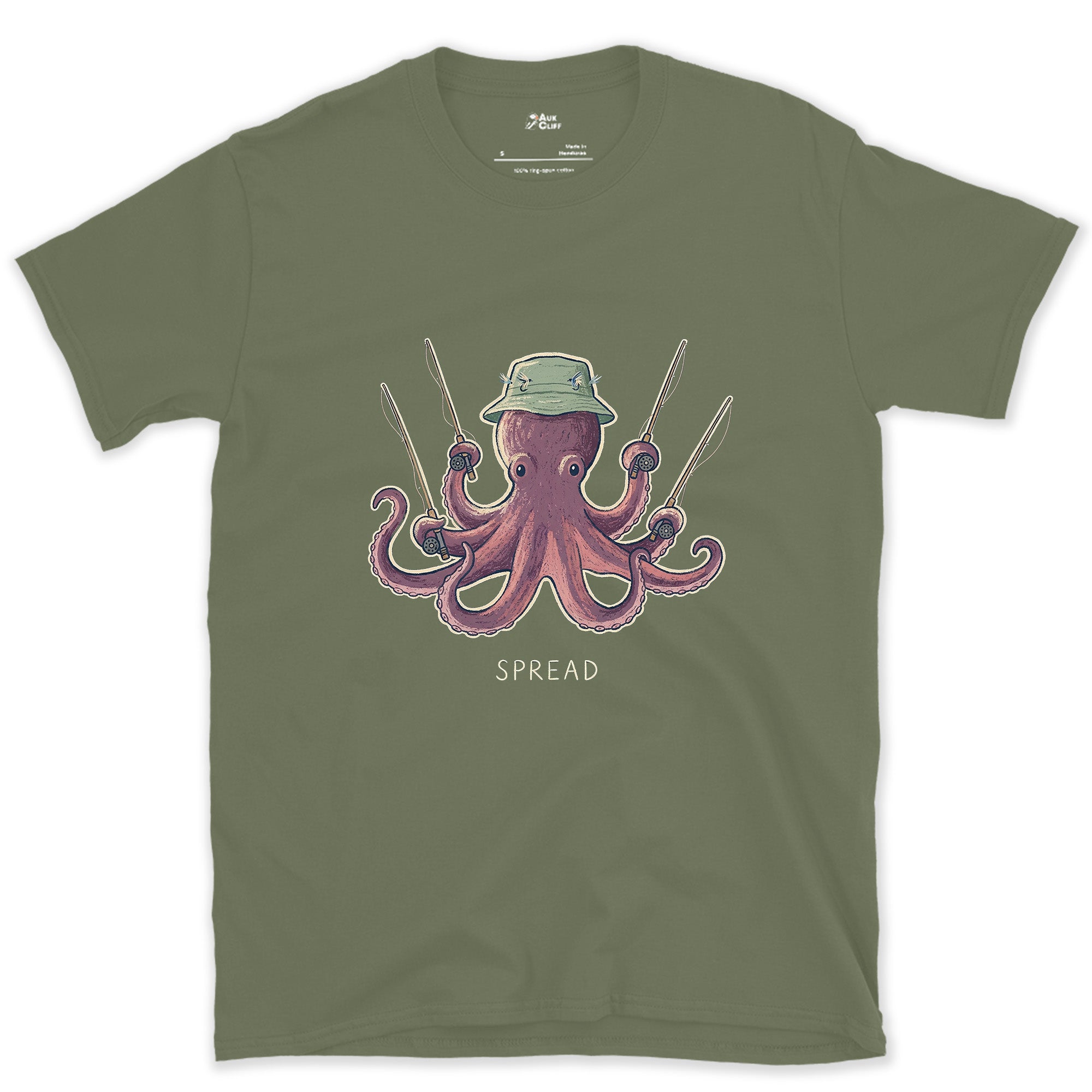 Spread, Octopus With Four Rods design on a Military Green Gildan Softstyle t-shirt