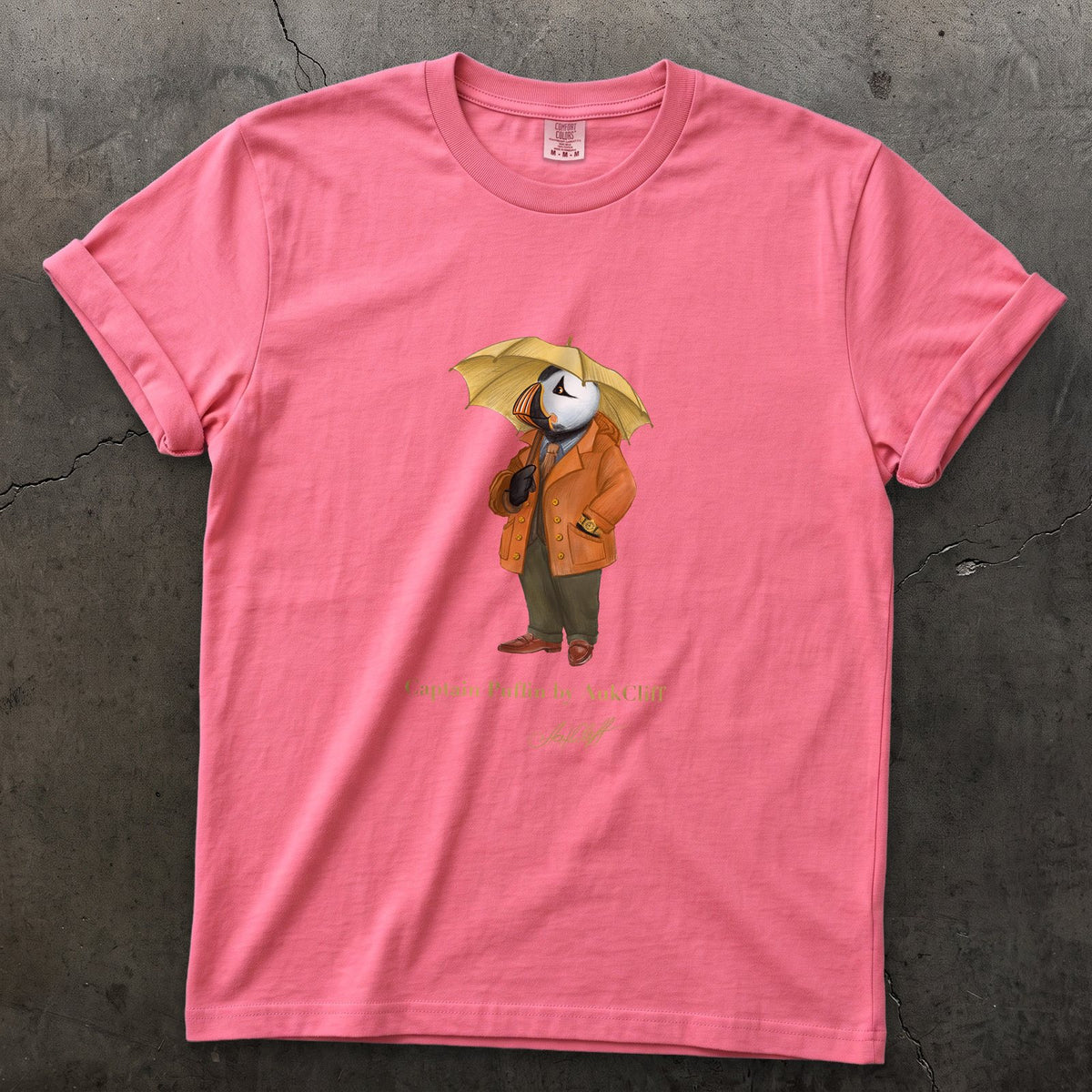 Captain Puffin The Spring Wanderer on a Crunchberry Comfort Colors t-shirt